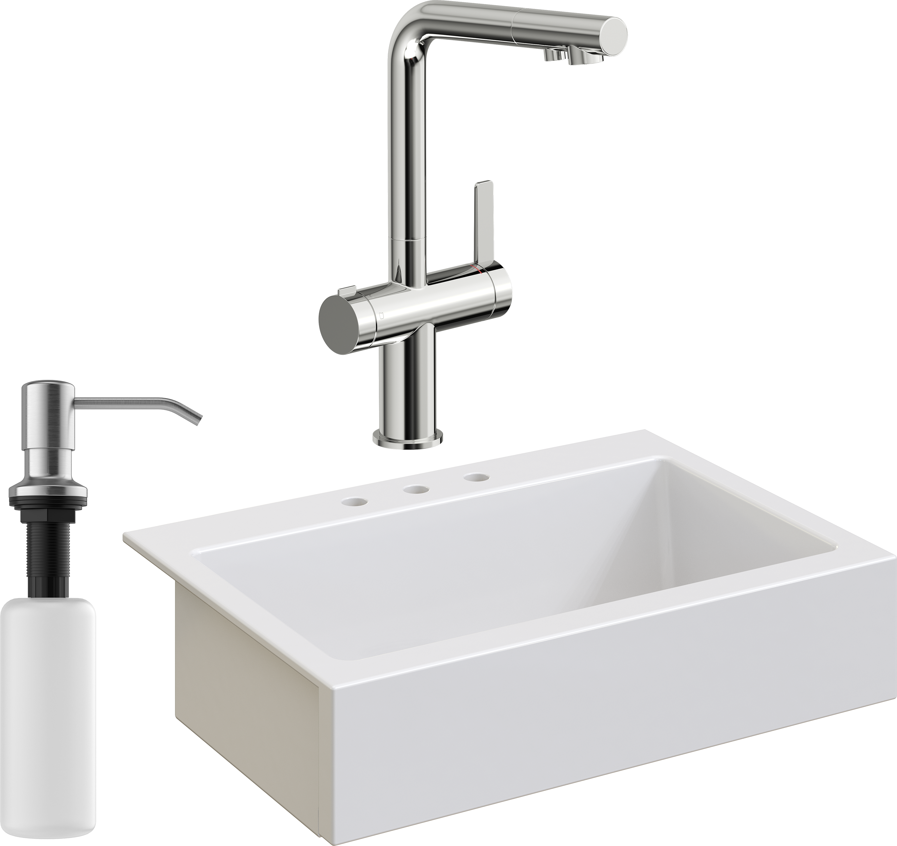 Комплект Мойка Domaci Сиена 50186-101 с 3 отверстиями, белый глянец + Смеситель STWORKI 23020-648/1BG-IG11 + Дозатор Равенна 401 сатин