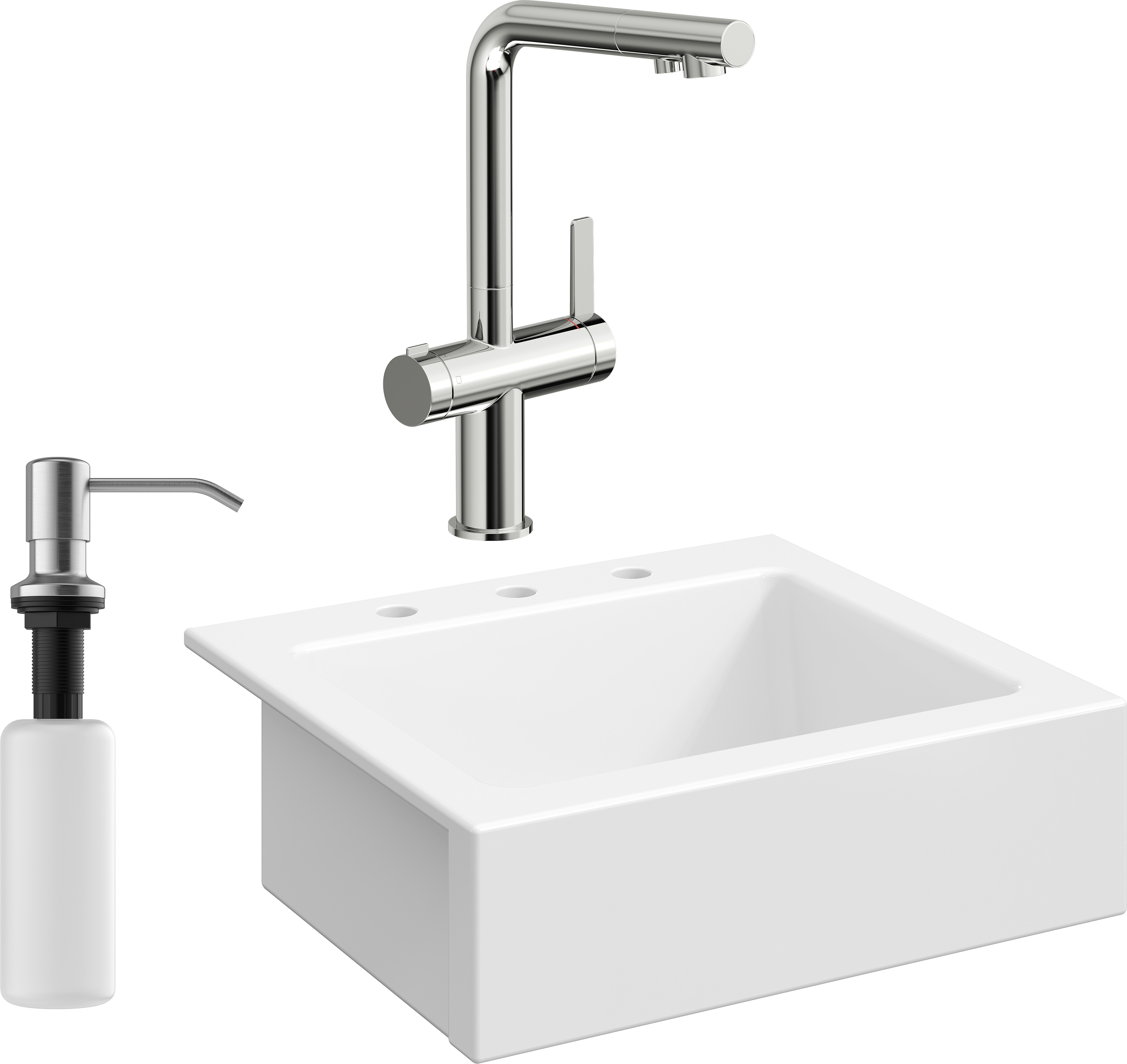 Комплект Мойка Domaci Сиена 50166-101 с 3 отверстиями, белый глянец + Смеситель STWORKI 23020-648/1BG-IG11 + Дозатор Равенна 401 сатин