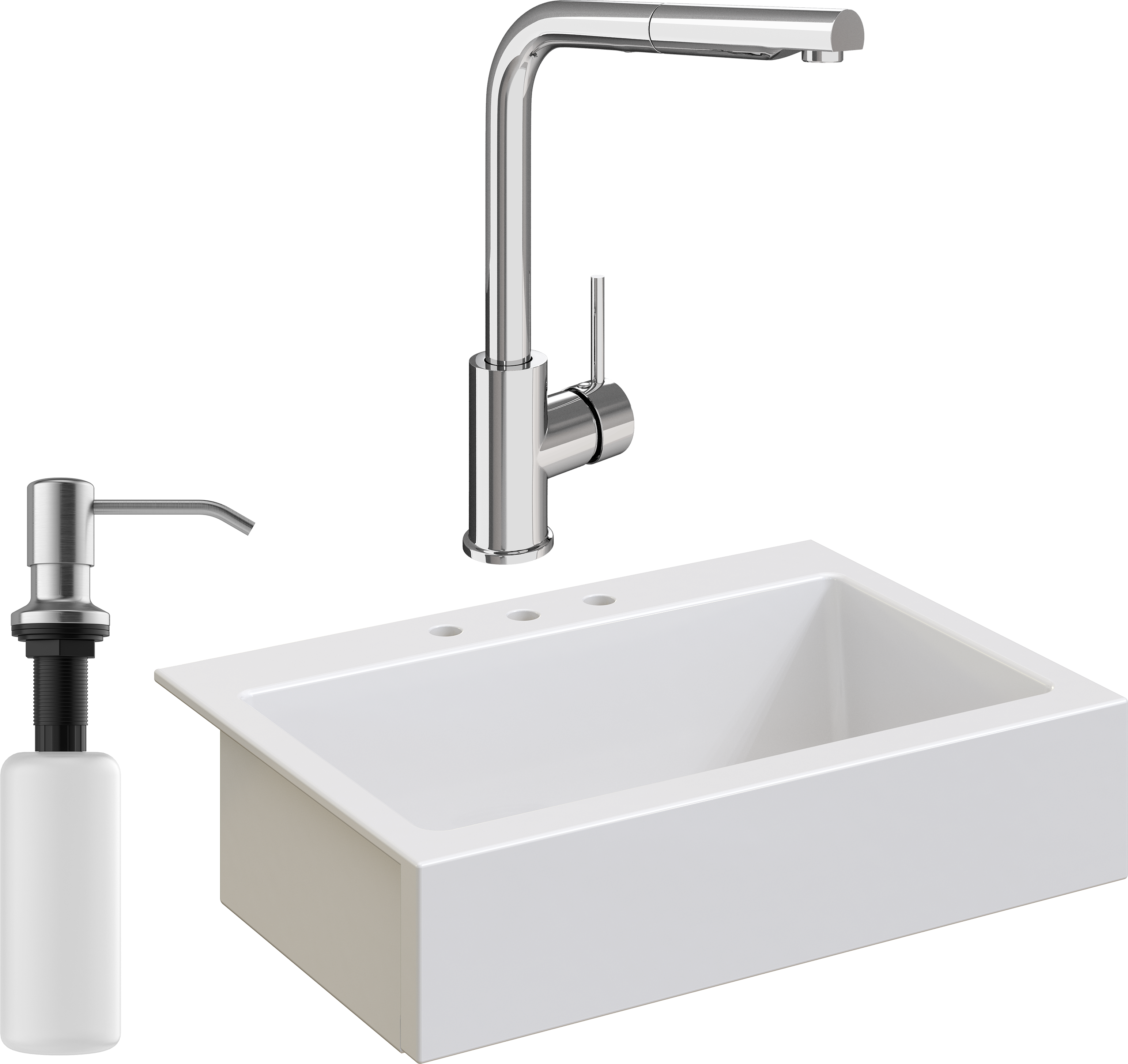 Комплект Мойка кухонная Domaci Сиена 50186-101 с 3 отверстиями, белый глянец + Смеситель STWORKI HDN1309XH + Дозатор Равенна 401 сатин