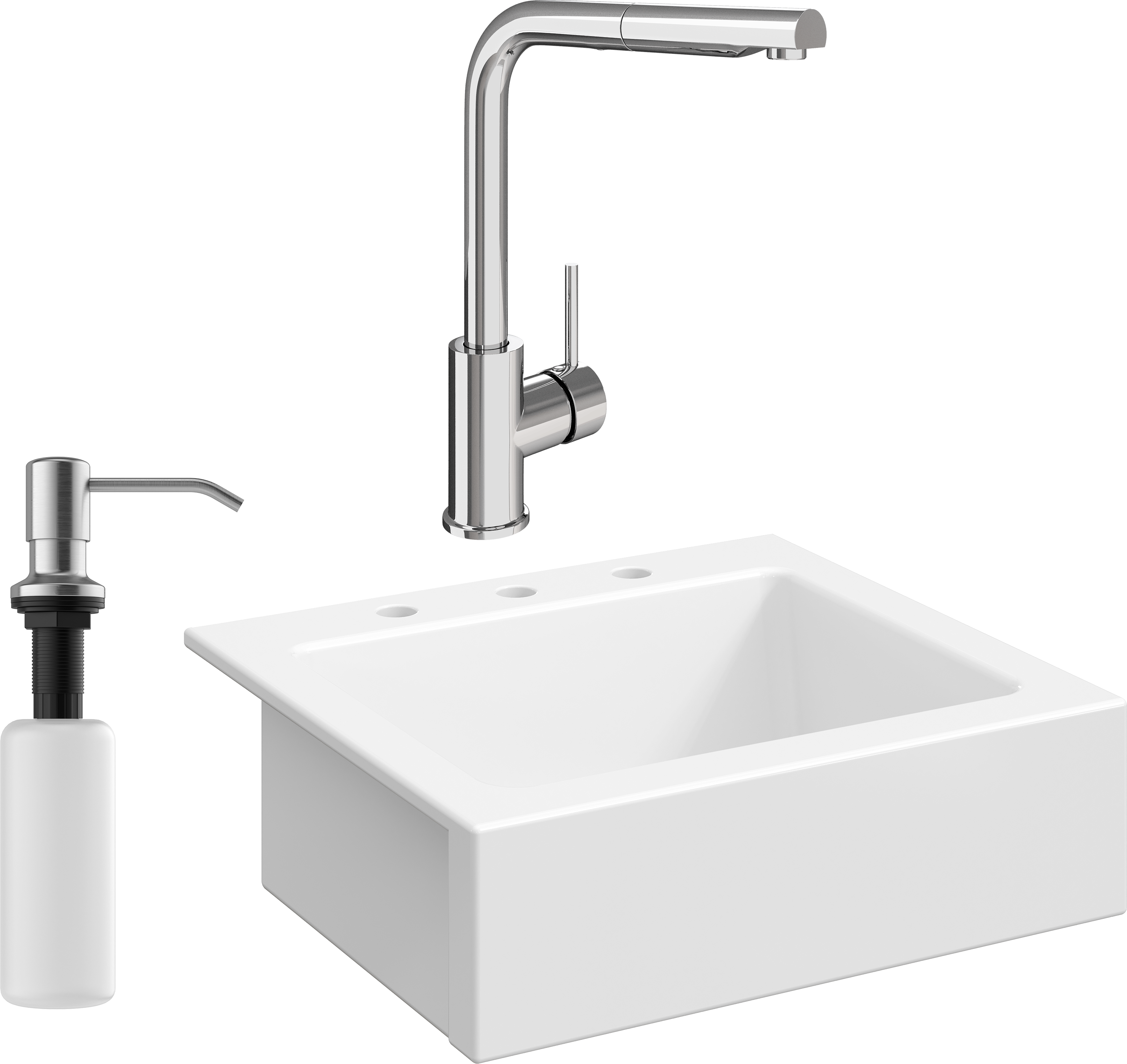 Комплект Мойка кухонная Domaci Сиена 50166-101 с 3 отверстиями, белый глянец + Смеситель STWORKI HDN1309XH + Дозатор Равенна 401 сатин