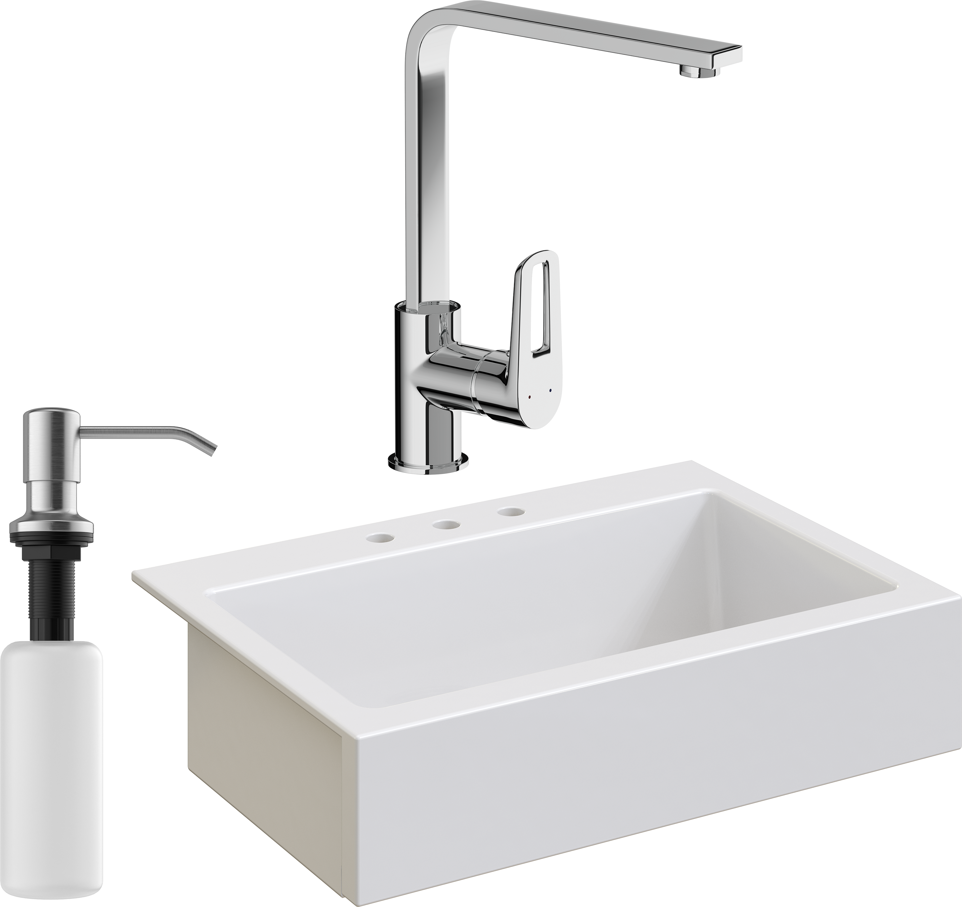 Комплект Мойка Domaci Сиена 50186-101 с 3 отверстиями, белый глянец + Смеситель STWORKI HDA3338XH + Дозатор Равенна 401 сатин