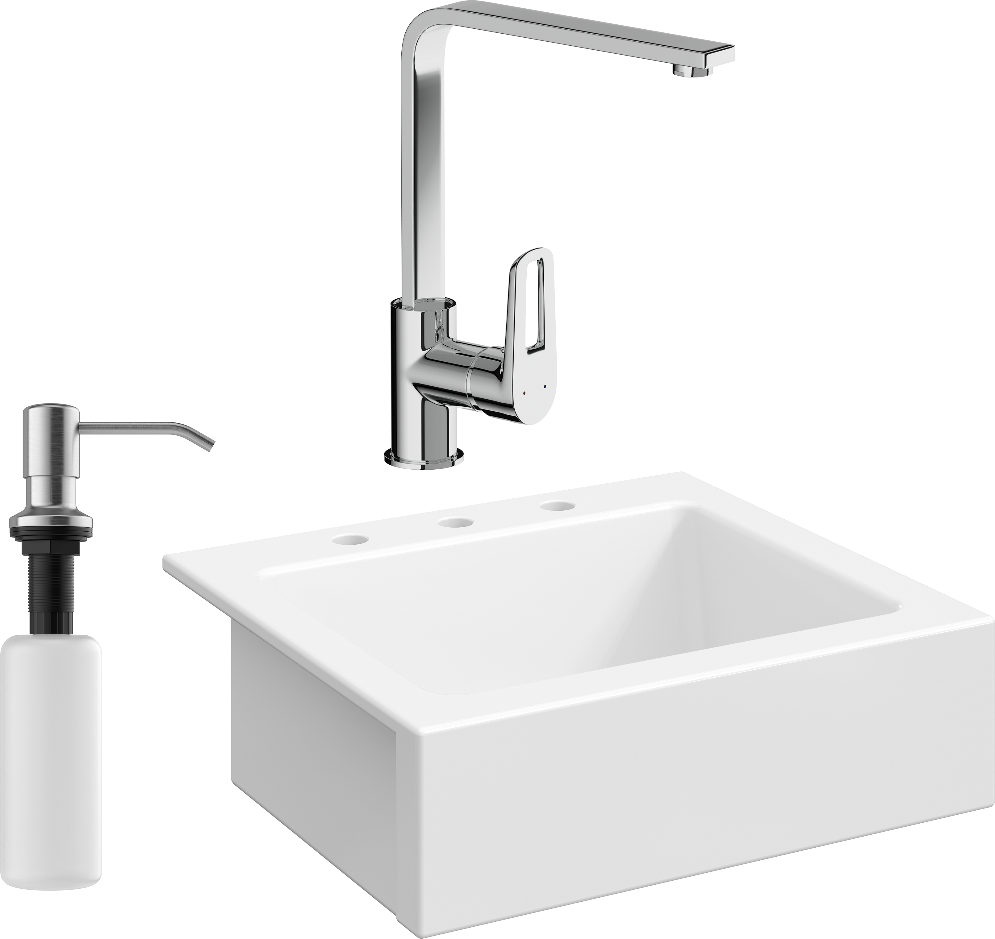 Комплект Мойка Domaci Сиена 50166-101 с 3 отверстиями, белый глянец + Смеситель STWORKI HDA3338XH + Дозатор Равенна 401 сатин