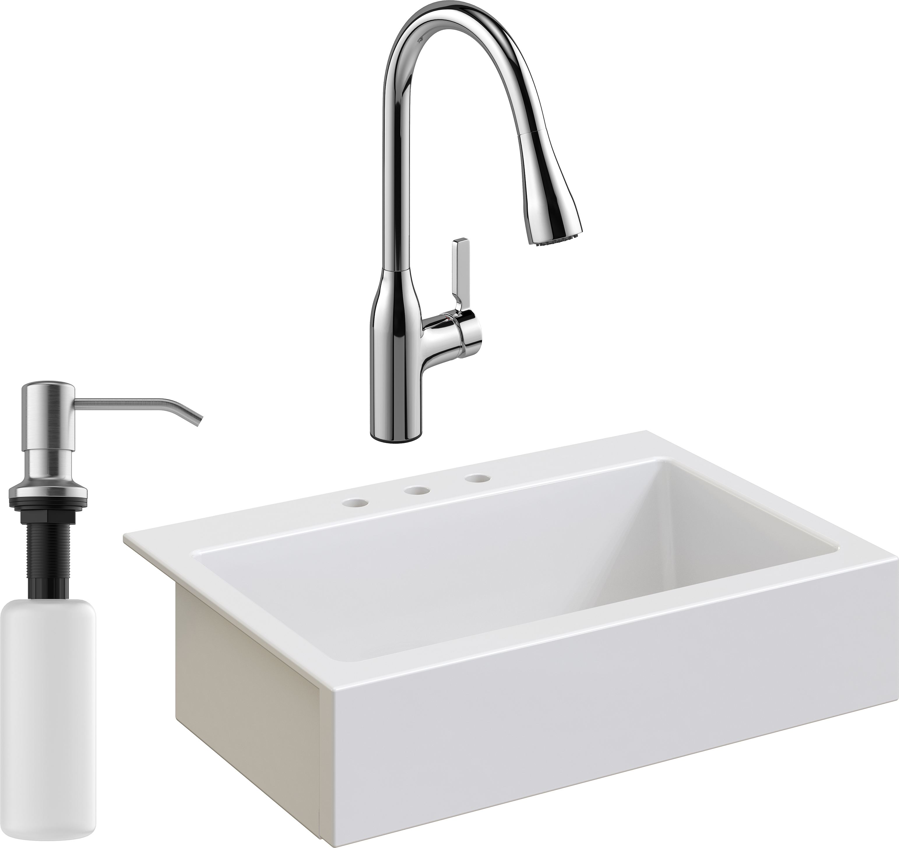 Комплект Мойка кухонная Domaci Сиена 50186-101 с 3 отверстиями, белый глянец + Смеситель STWORKI 33138-123/1BG-IG11 + Дозатор Равенна 401 сатин