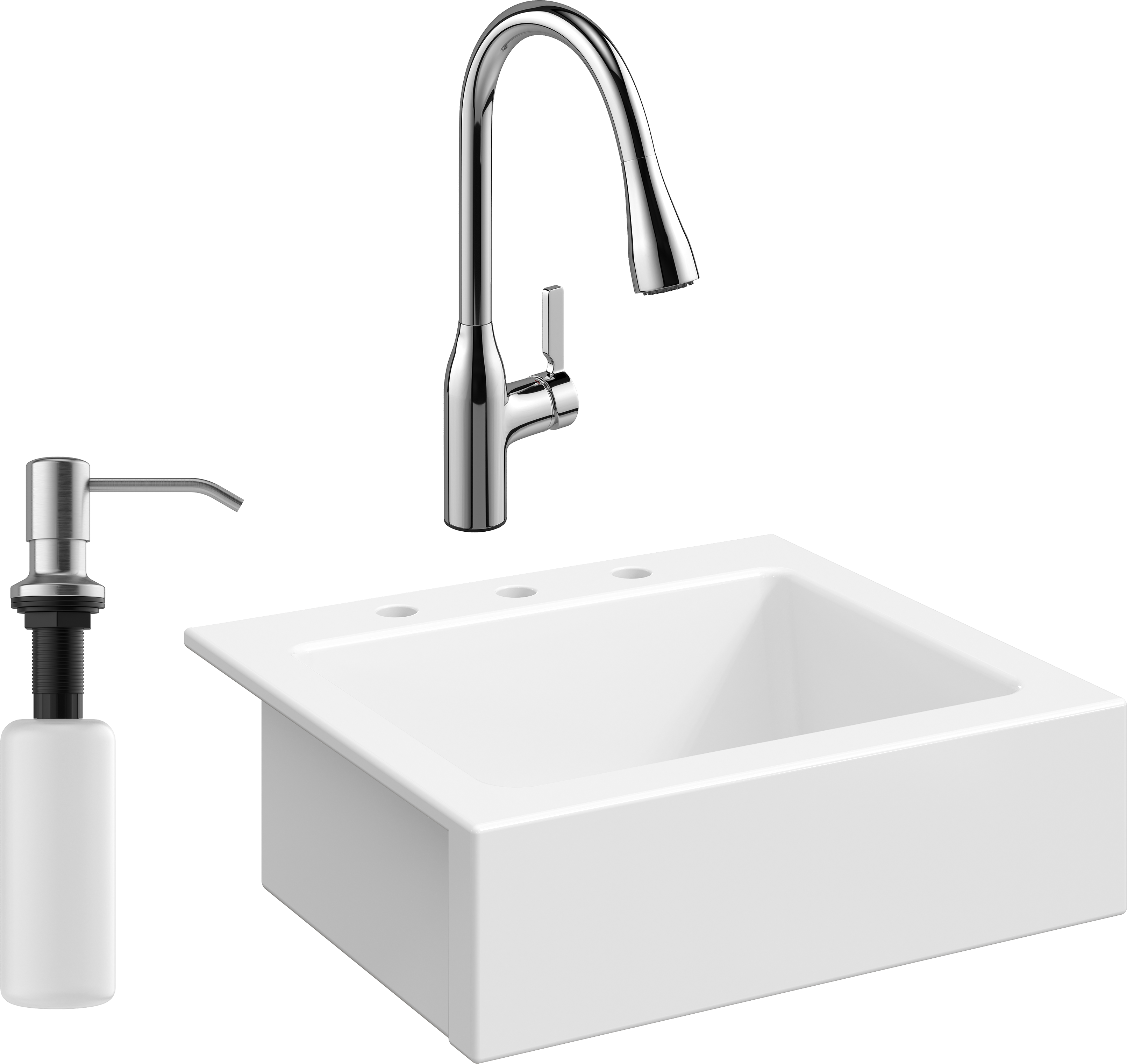 Комплект Мойка кухонная Domaci Сиена 50166-101 с 3 отверстиями, белый глянец + Смеситель STWORKI 33138-123/1BG-IG11 + Дозатор Равенна 401 сатин