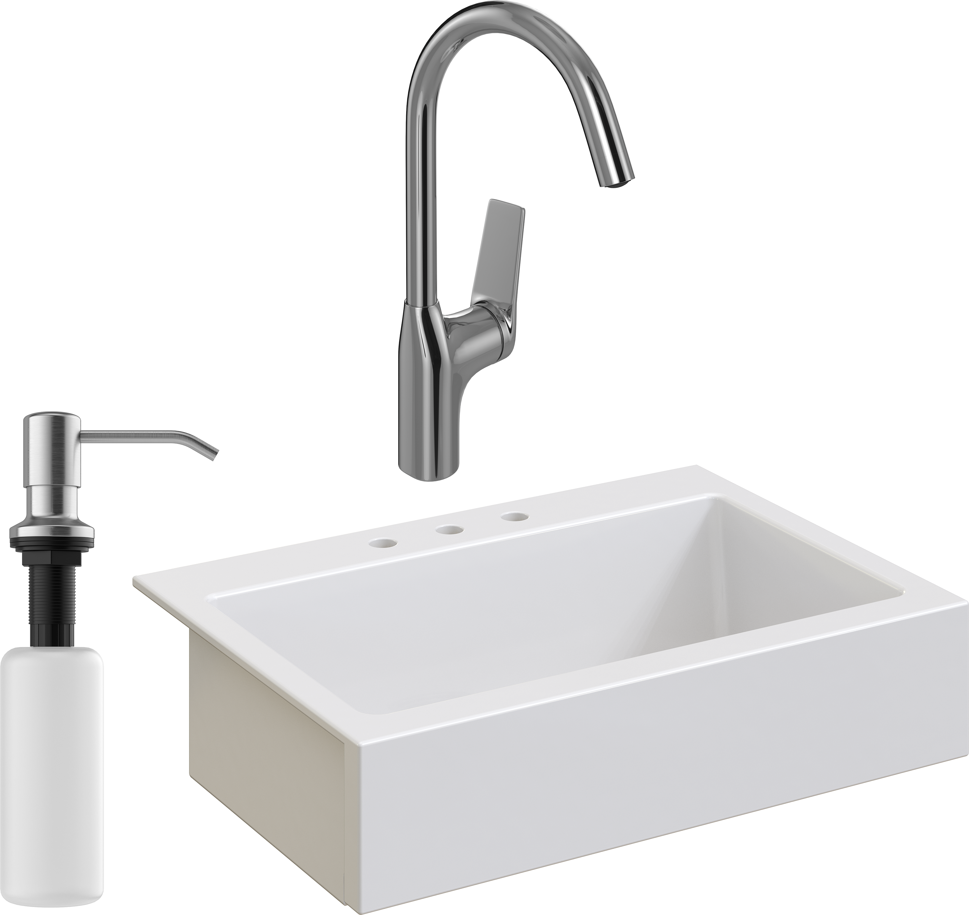 Комплект Мойка Domaci Сиена 50186-101 с 3 отверстиями, белый глянец + Смеситель STWORKI HDA5708XH2 + Дозатор Равенна 401 сатин