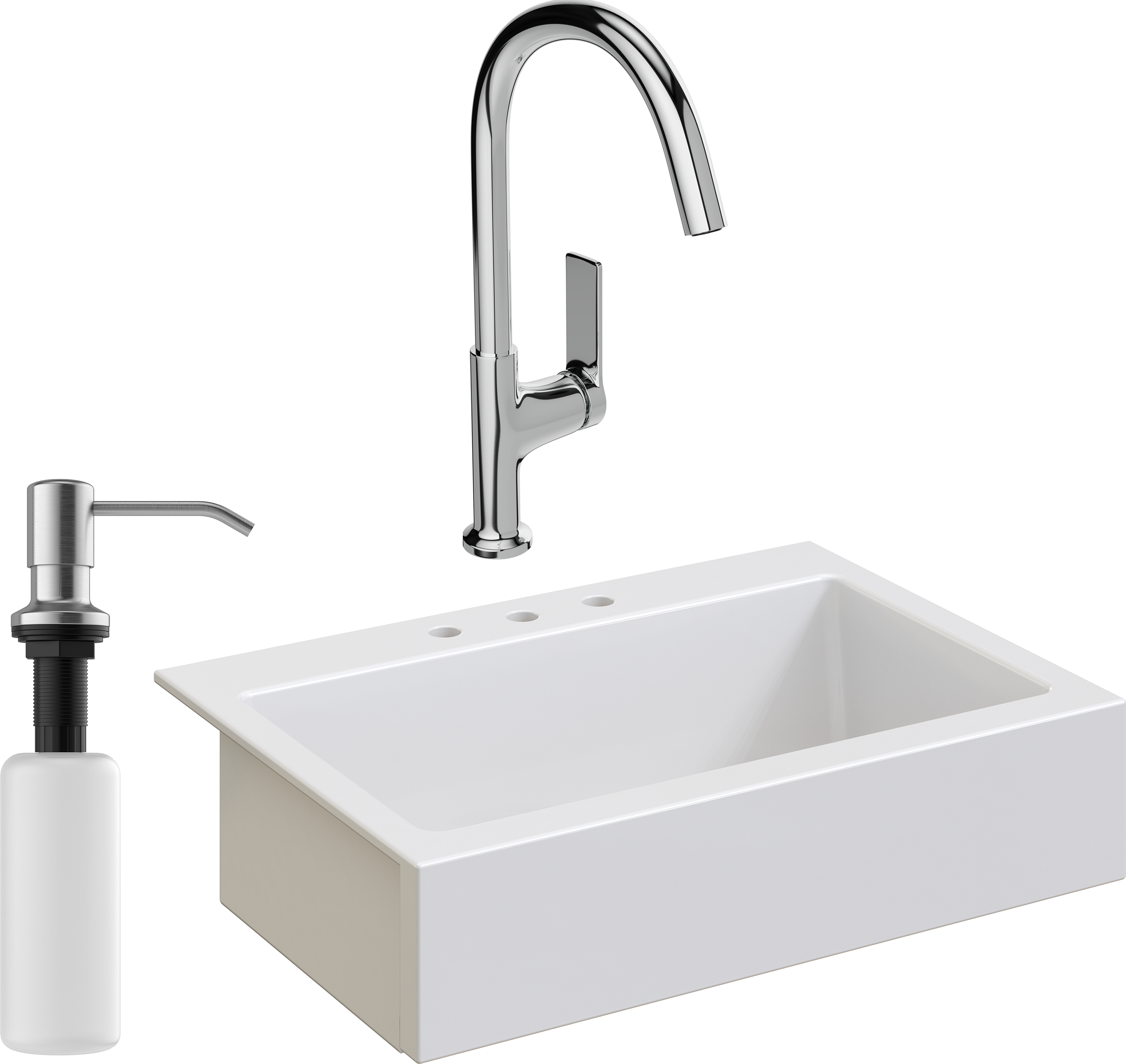 Комплект Мойка Domaci Сиена 50186-101 с 3 отверстиями, белый глянец + Смеситель STWORKI HDA4228XH2 + Дозатор Равенна 401 сатин