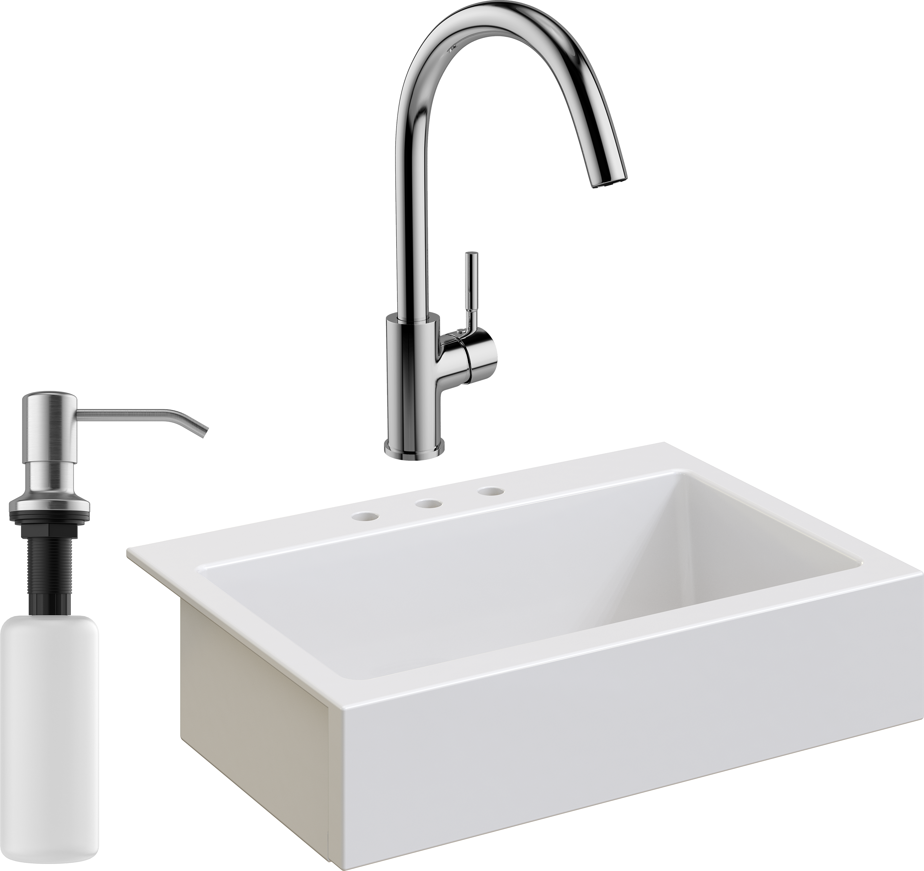 Комплект Мойка кухонная Domaci Сиена 50186-101 с 3 отверстиями, белый глянец + Смеситель STWORKI HDN0112XH + Дозатор Равенна 401 сатин