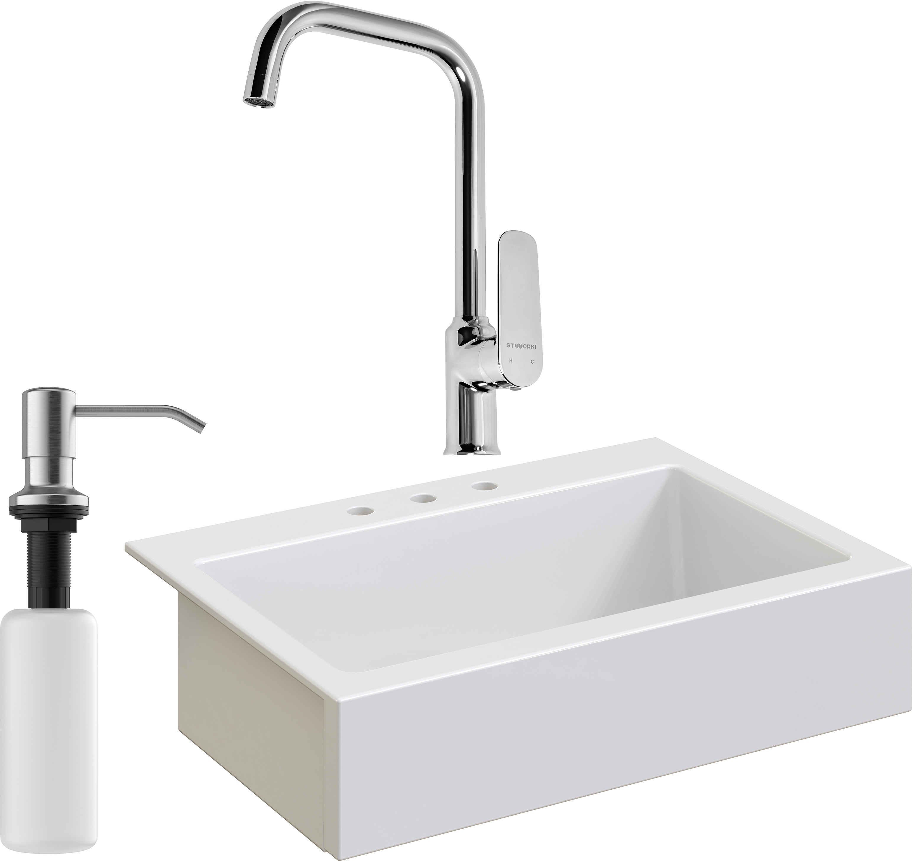 Комплект Мойка Domaci Сиена 50186-101 с 3 отверстиями, белый глянец + Смеситель STWORKI + Дозатор Равенна 401 сатин