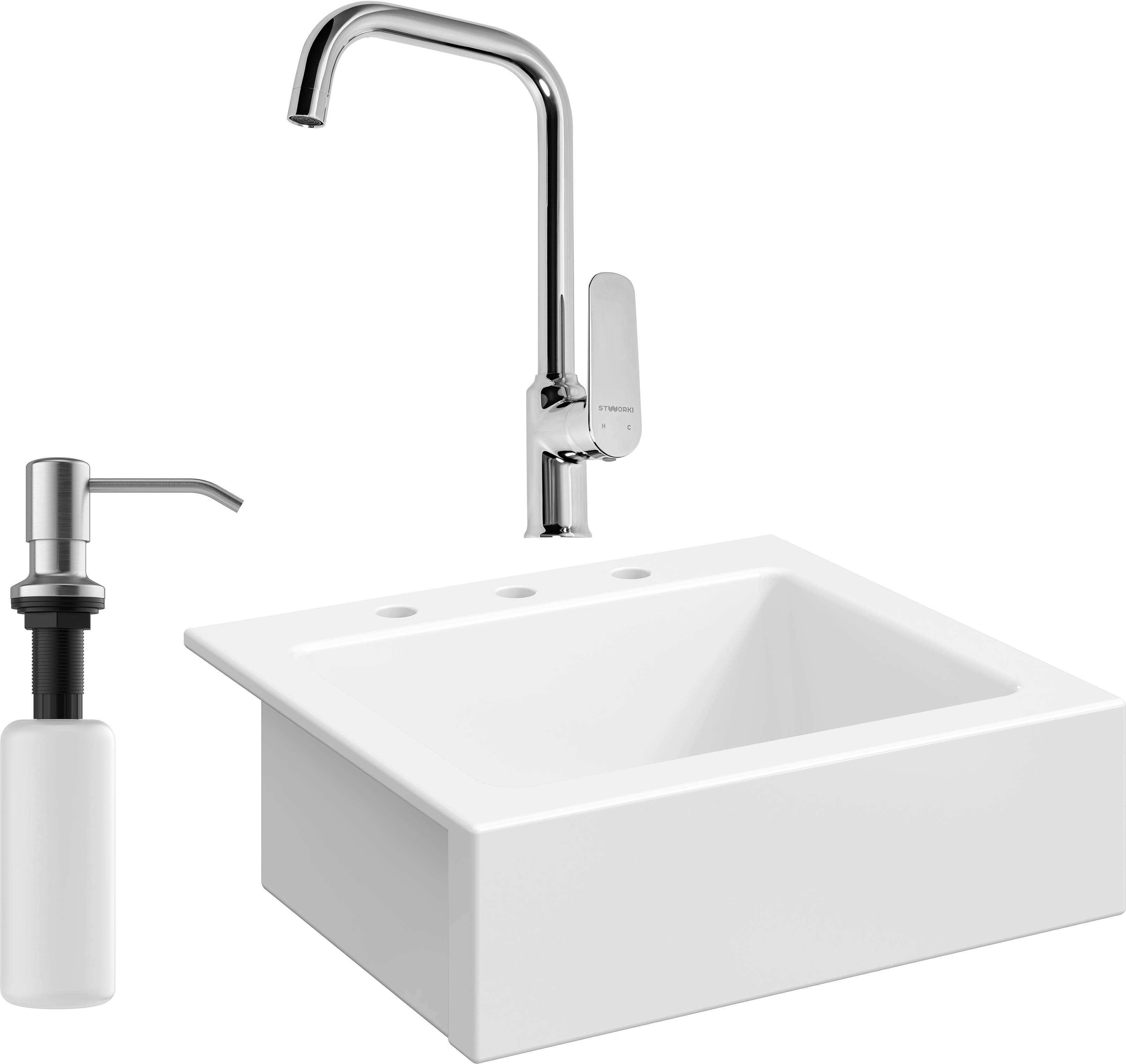 Комплект Мойка Domaci Сиена 50166-101 с 3 отверстиями, белый глянец + Смеситель STWORKI + Дозатор Равенна 401 сатин