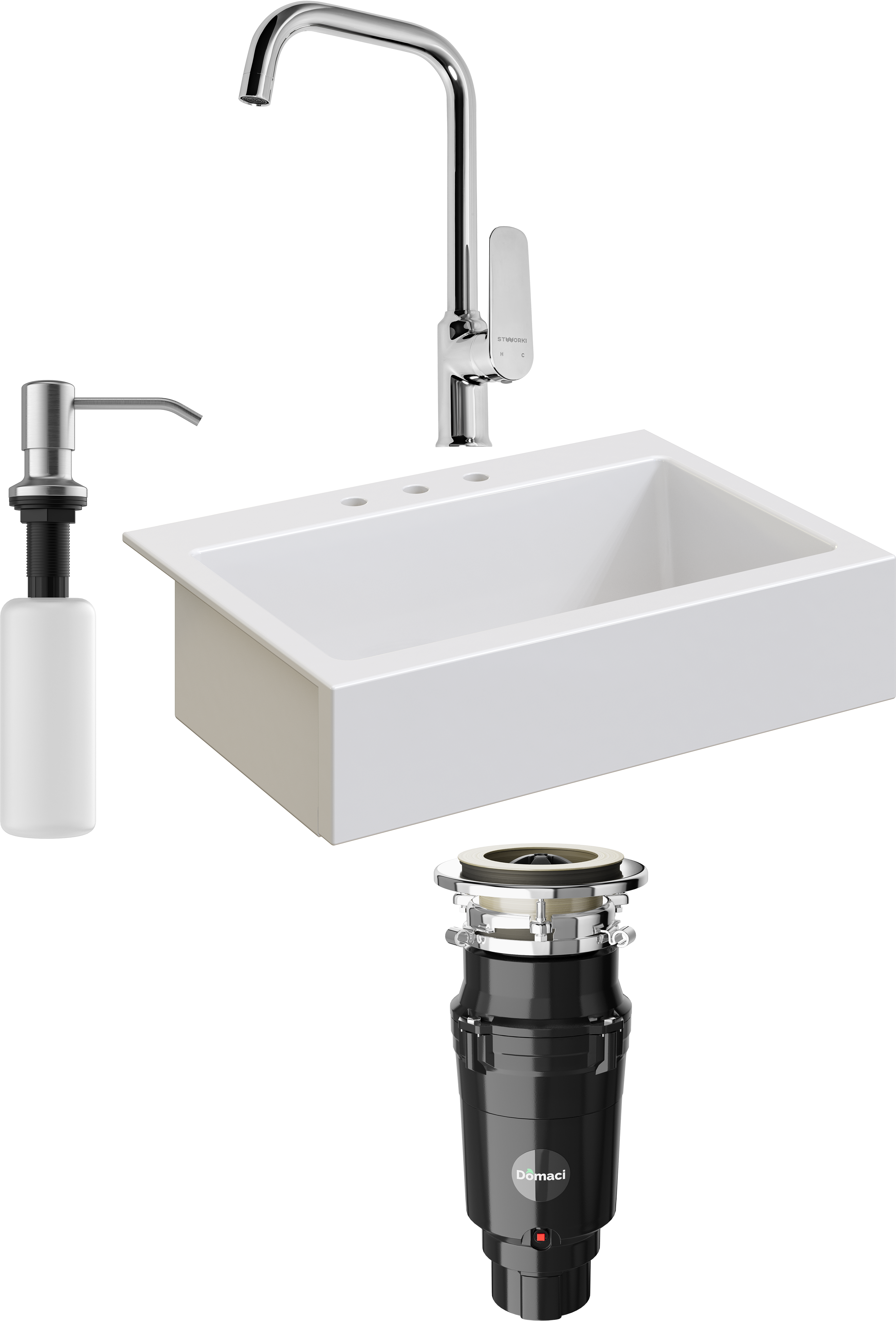 Комплект Мойка кухонная Domaci Сиена 50186-101 с 3 отверстиями, белый глянец + Измельчитель Равенна Vento Plus 560 + Смеситель STWORKI WFD04005GA + Дозатор 401 сатин
