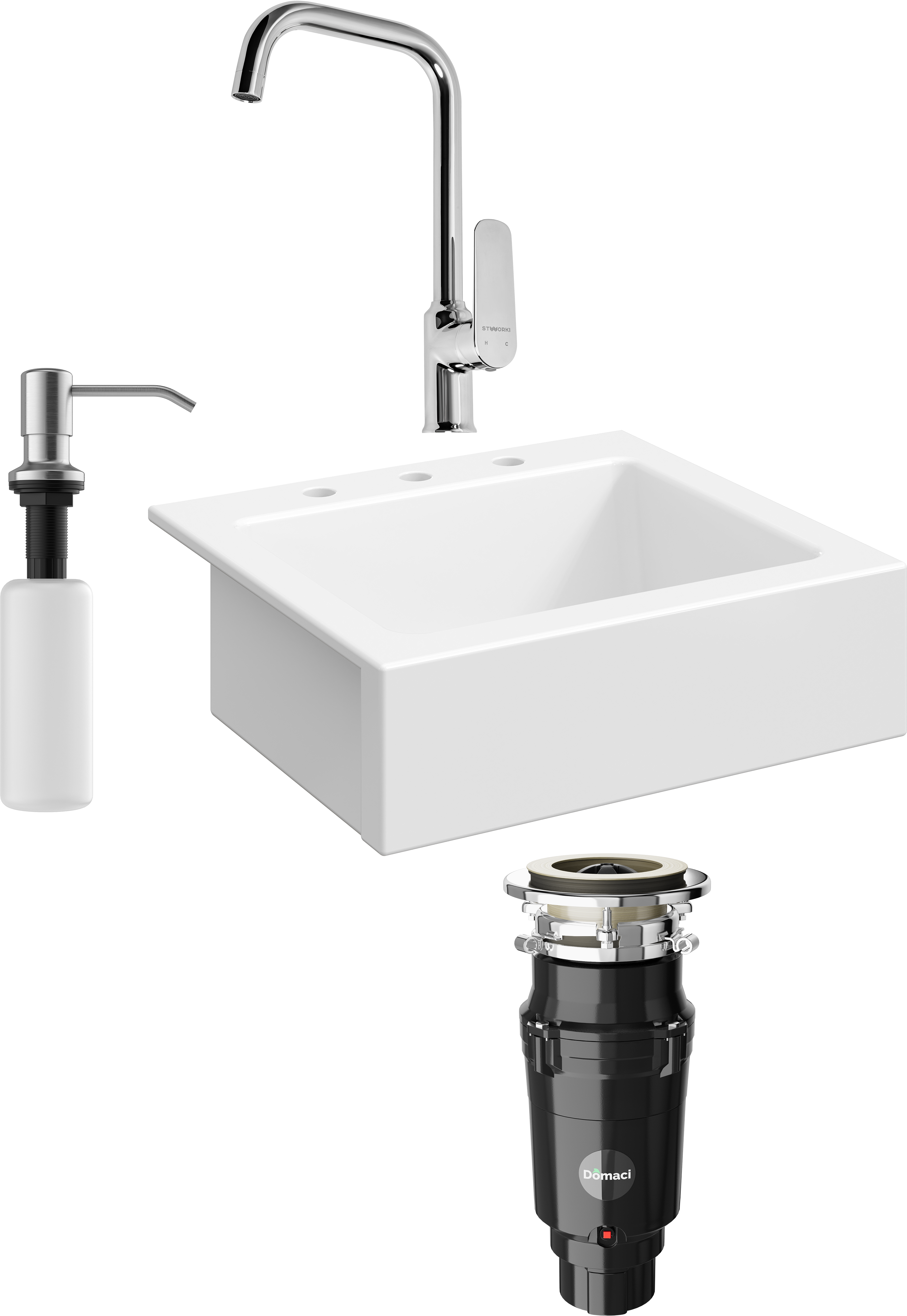Комплект Мойка кухонная Domaci Сиена 50166-101 с 3 отверстиями, белый глянец + Измельчитель Равенна Vento Plus 560 + Смеситель STWORKI WFD04005GA + Дозатор 401 сатин