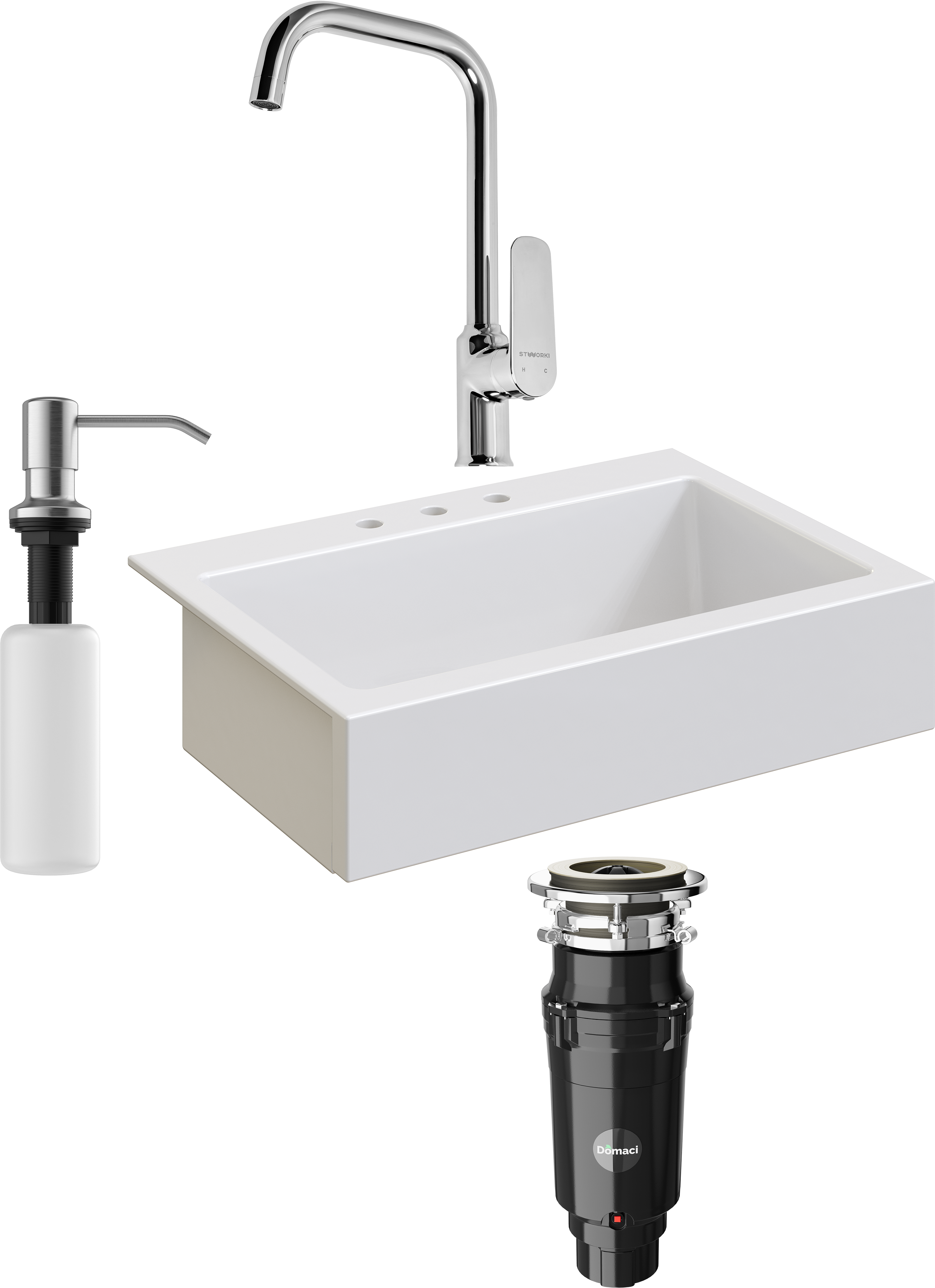 Комплект Мойка кухонная Domaci Сиена 50186-101 с 3 отверстиями, белый глянец + Измельчитель Равенна Vento Max 750 + Смеситель STWORKI WFD04005GA + Дозатор 401 сатин