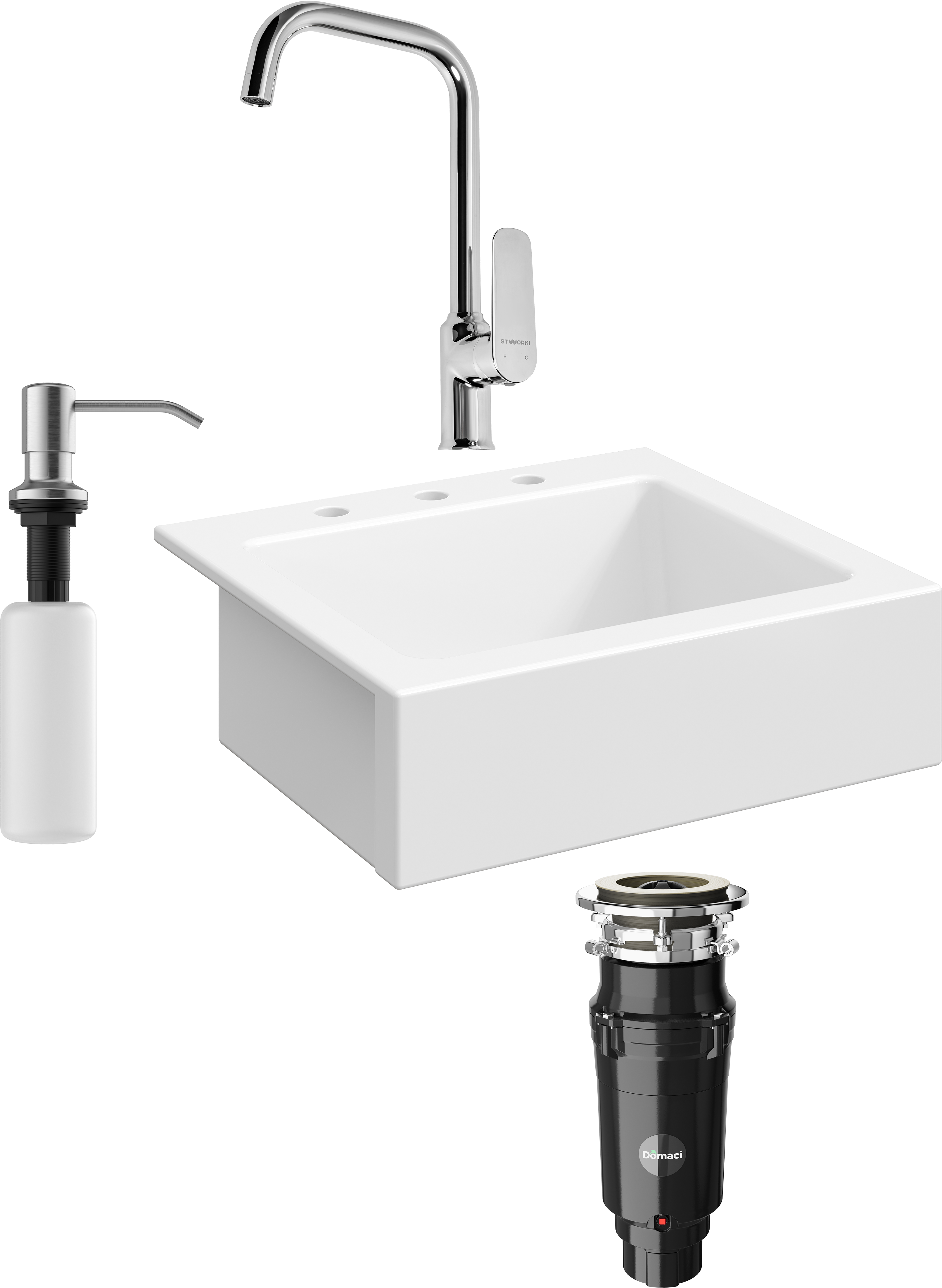 Комплект Мойка кухонная Domaci Сиена 50166-101 с 3 отверстиями, белый глянец + Измельчитель Равенна Vento Max 750 + Смеситель STWORKI WFD04005GA + Дозатор 401 сатин