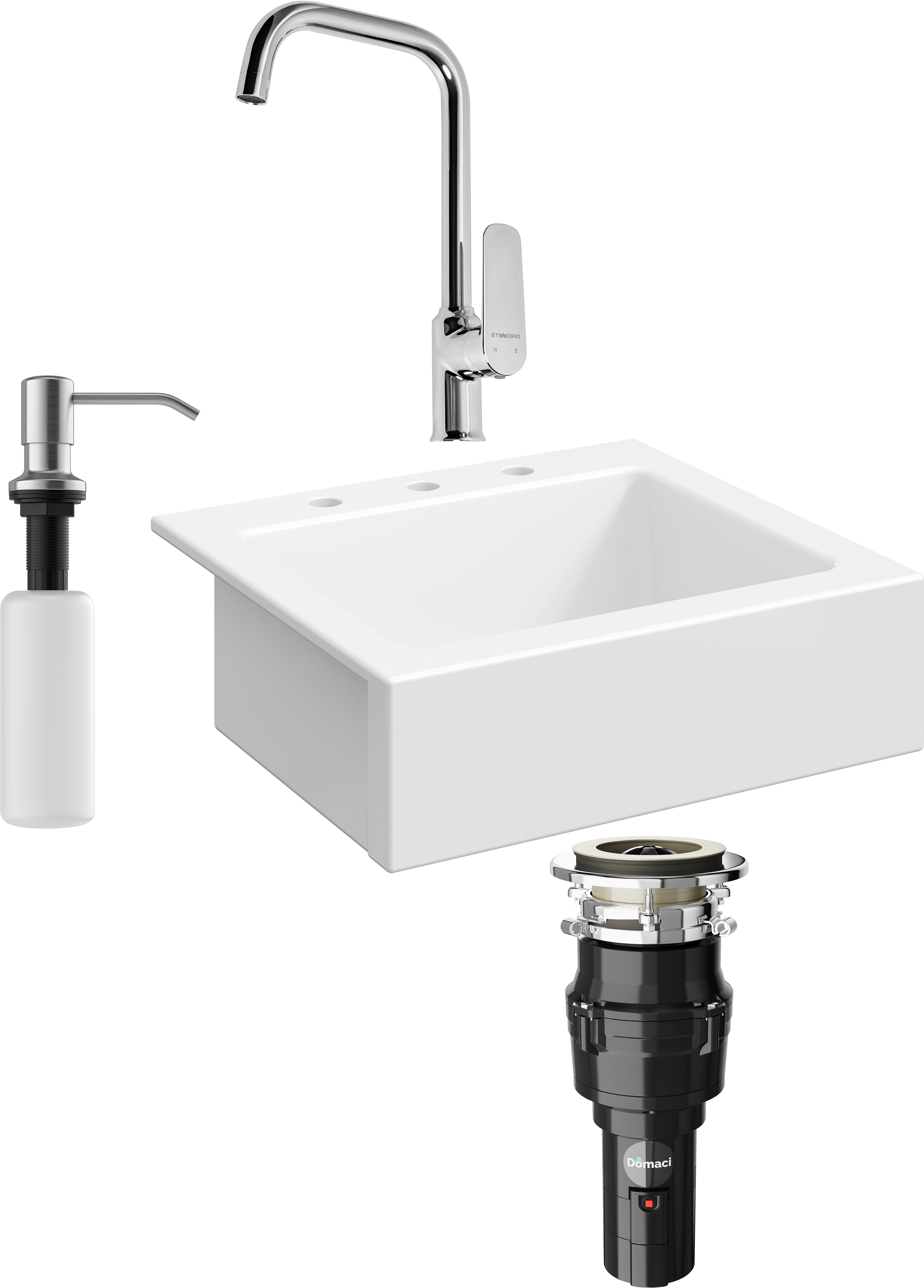Комплект Мойка кухонная Domaci Сиена 50166-101 с 3 отверстиями, белый глянец + Измельчитель Равенна Vento 375 + Смеситель STWORKI WFD04005GA + Дозатор 401 сатин