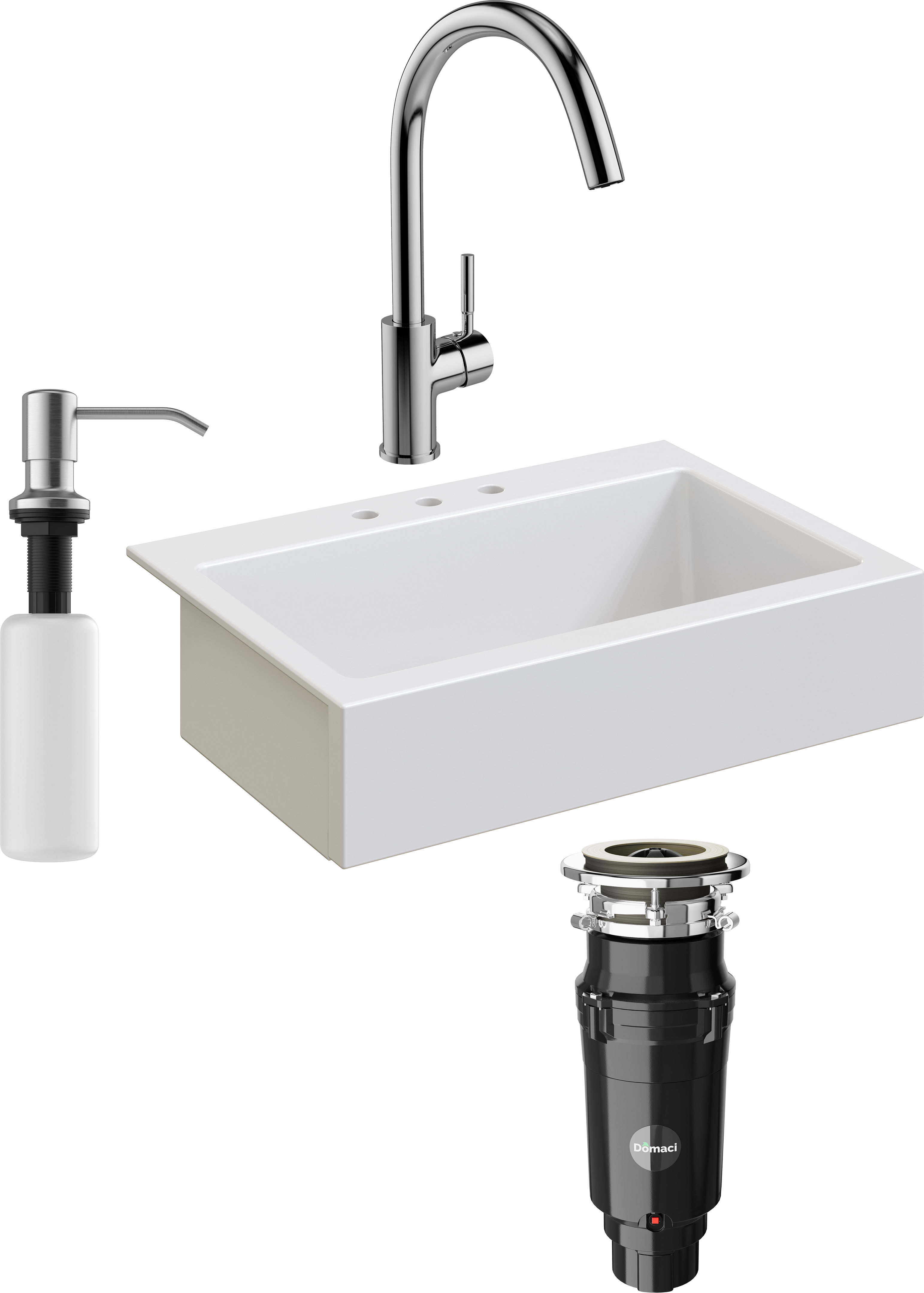 Комплект Мойка кухонная Domaci Сиена 50186-101 с 3 отверстиями, белый глянец + Измельчитель Равенна Vento Max 750 + Смеситель STWORKI HDN0112XH + Дозатор 401 сатин