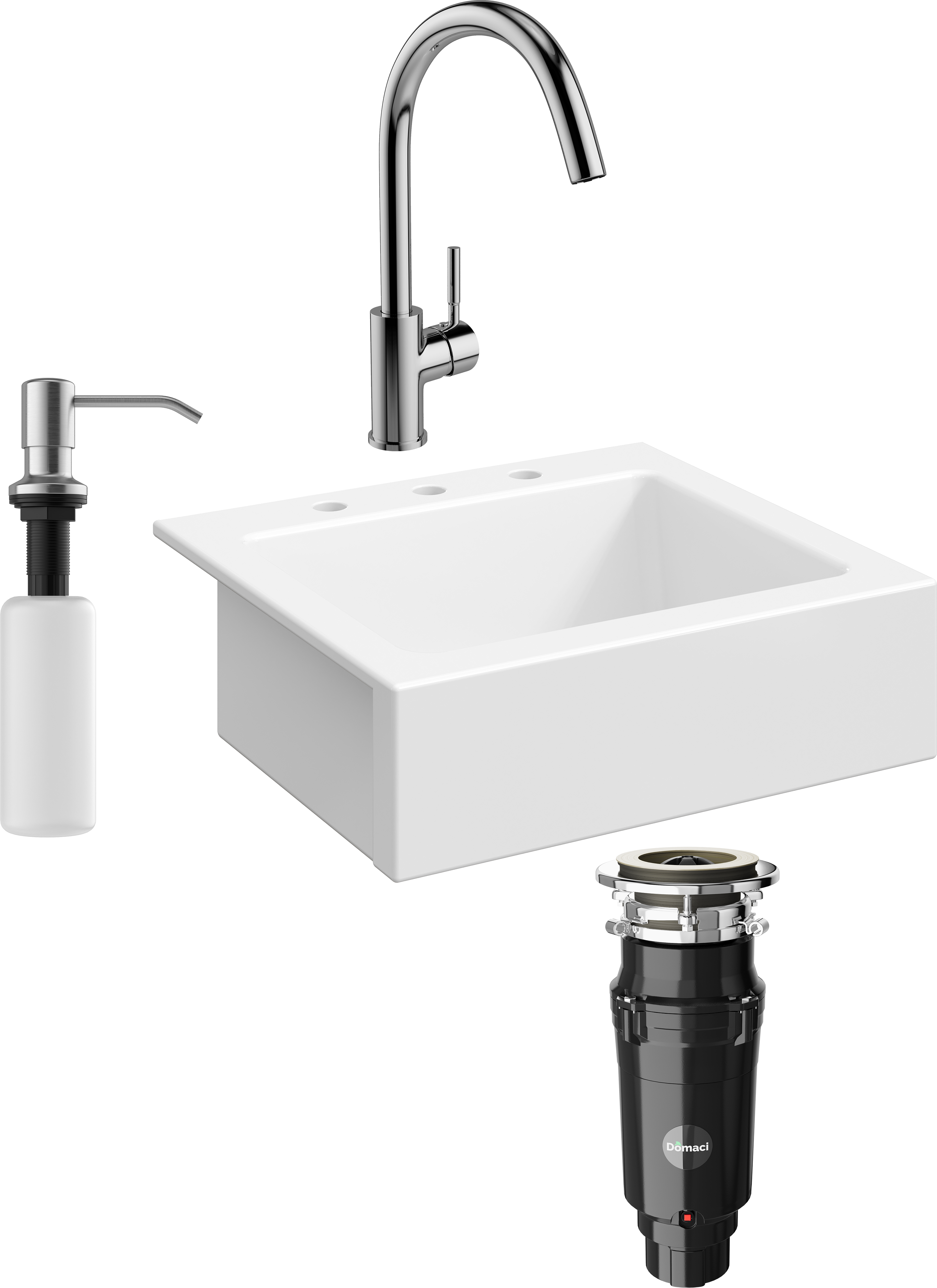Комплект Мойка кухонная Domaci Сиена 50166-101 с 3 отверстиями, белый глянец + Измельчитель Равенна Vento Max 750 + Смеситель STWORKI HDN0112XH + Дозатор 401 сатин
