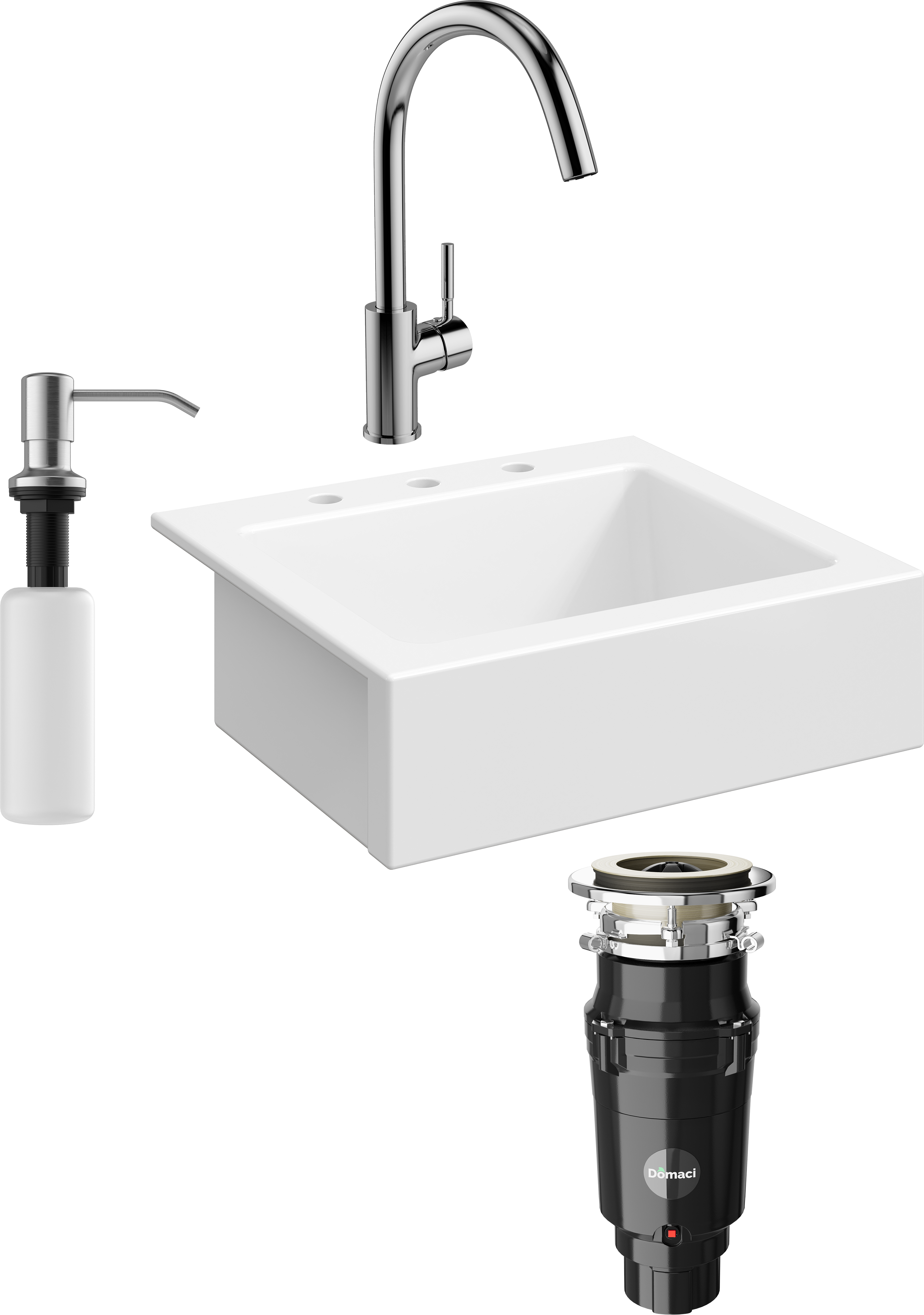 Комплект Мойка кухонная Domaci Сиена 50166-101 с 3 отверстиями, белый глянец + Измельчитель Равенна Vento Plus 560 + Смеситель STWORKI HDN0112XH + Дозатор 401 сатин