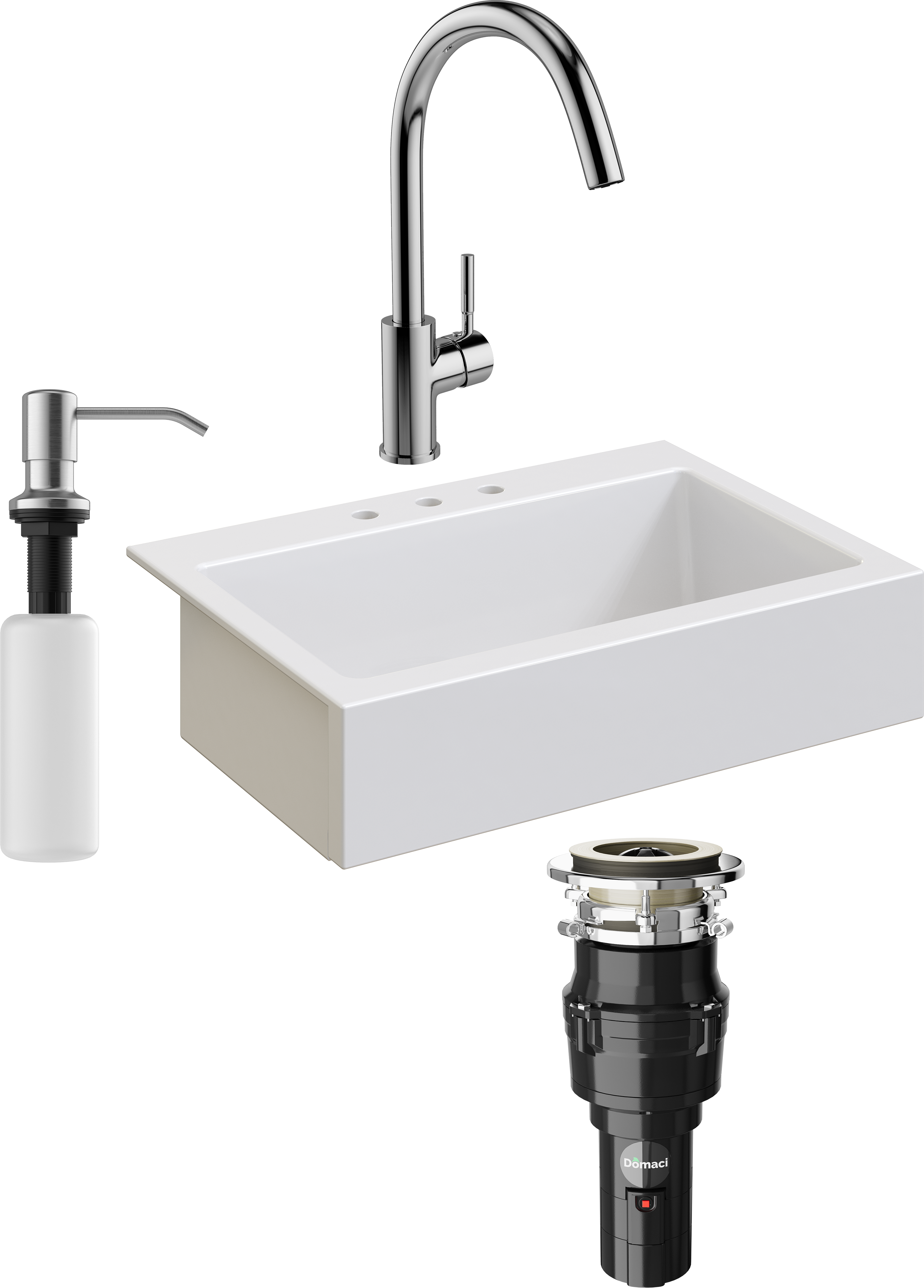 Комплект Мойка кухонная Domaci Сиена 50186-101 с 3 отверстиями, белый глянец + Измельчитель Равенна Vento 375 + Смеситель STWORKI HDN0112XH + Дозатор 401 сатин