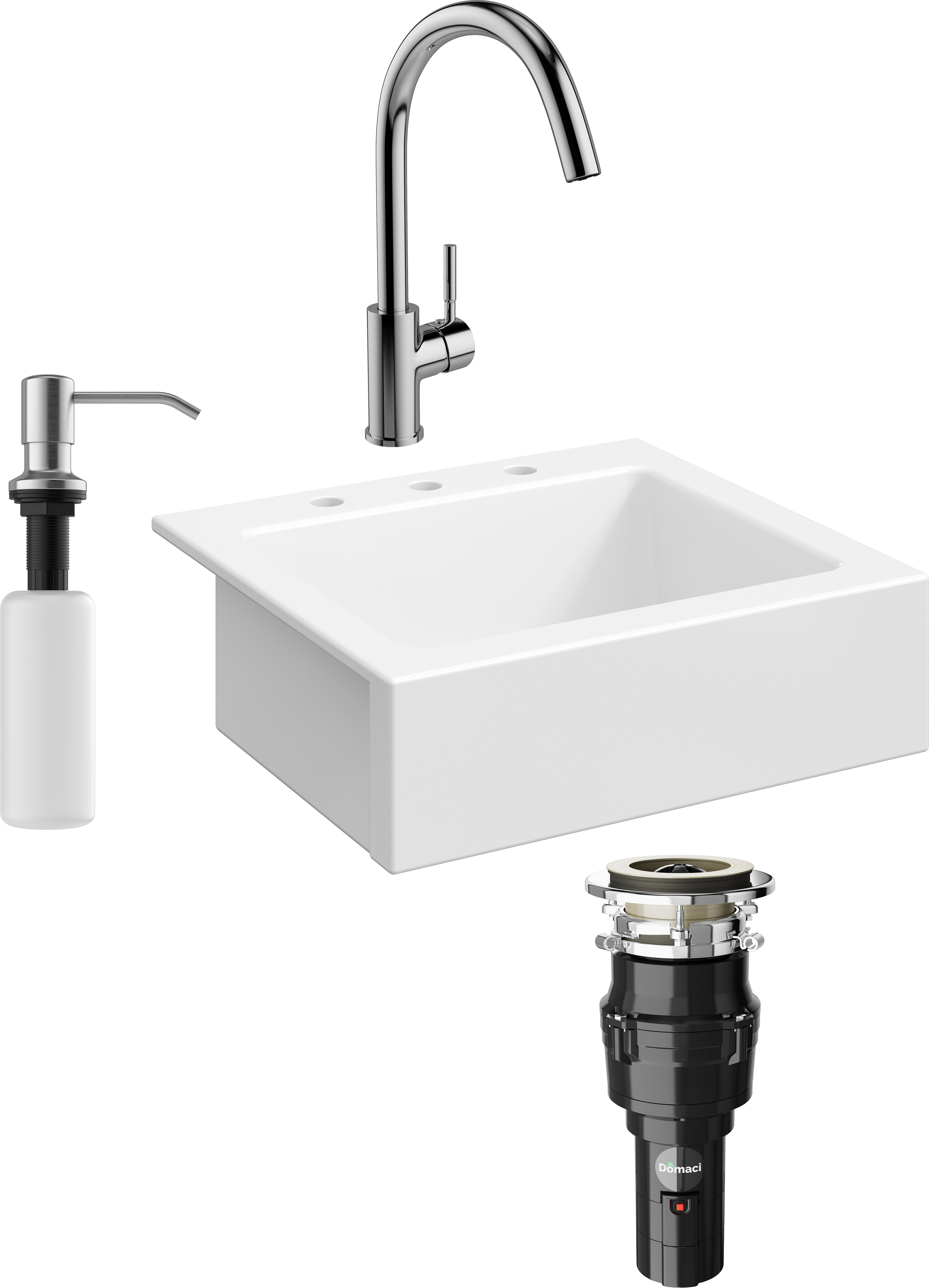 Комплект Мойка кухонная Domaci Сиена 50166-101 с 3 отверстиями, белый глянец + Измельчитель Равенна Vento 375 + Смеситель STWORKI HDN0112XH + Дозатор 401 сатин