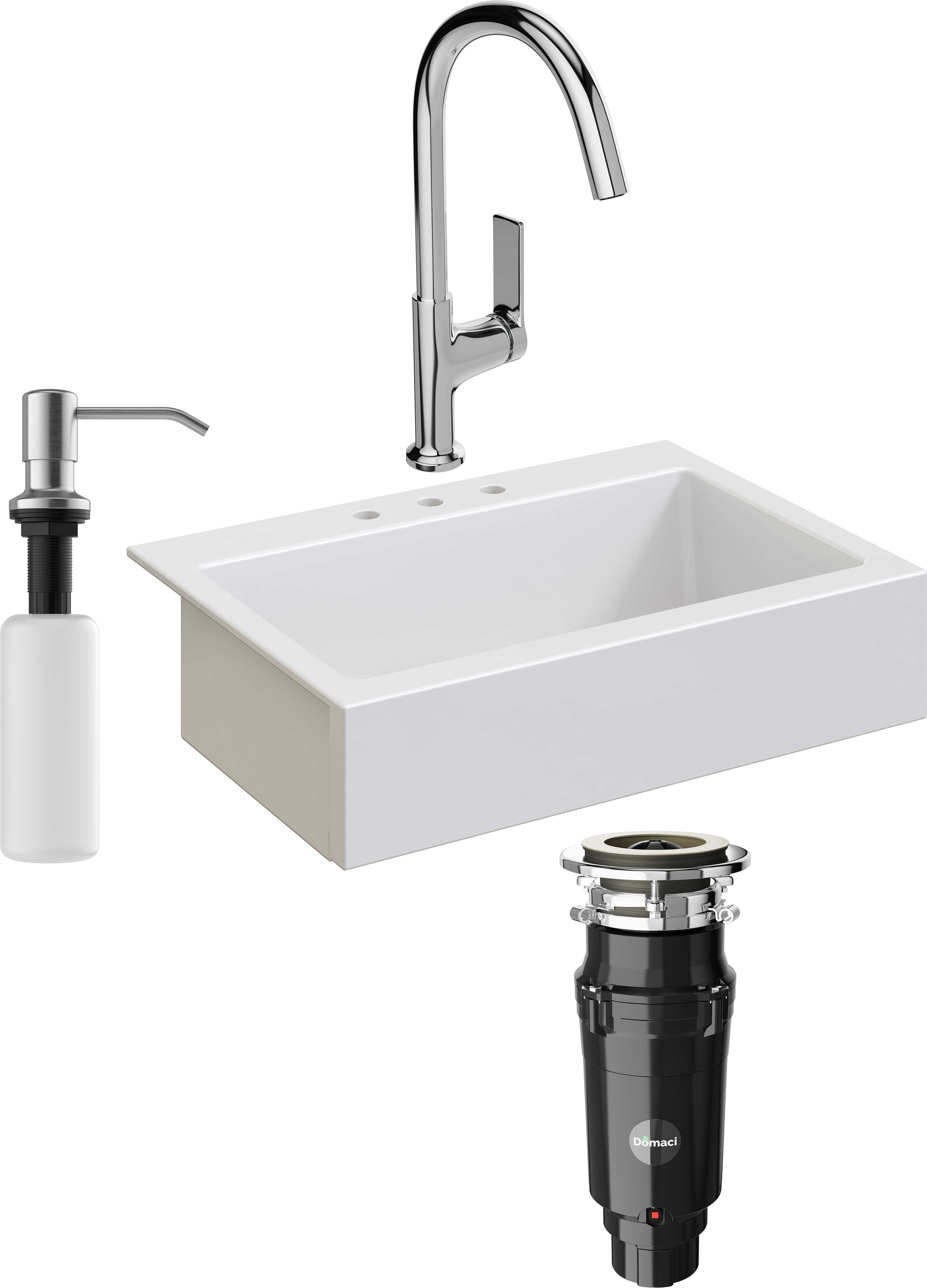 Комплект Мойка кухонная Domaci Сиена 50186-101 с 3 отверстиями, белый глянец + Измельчитель Равенна Vento Max 750 + Смеситель STWORKI HDA4228XH2 + Дозатор 401 сатин