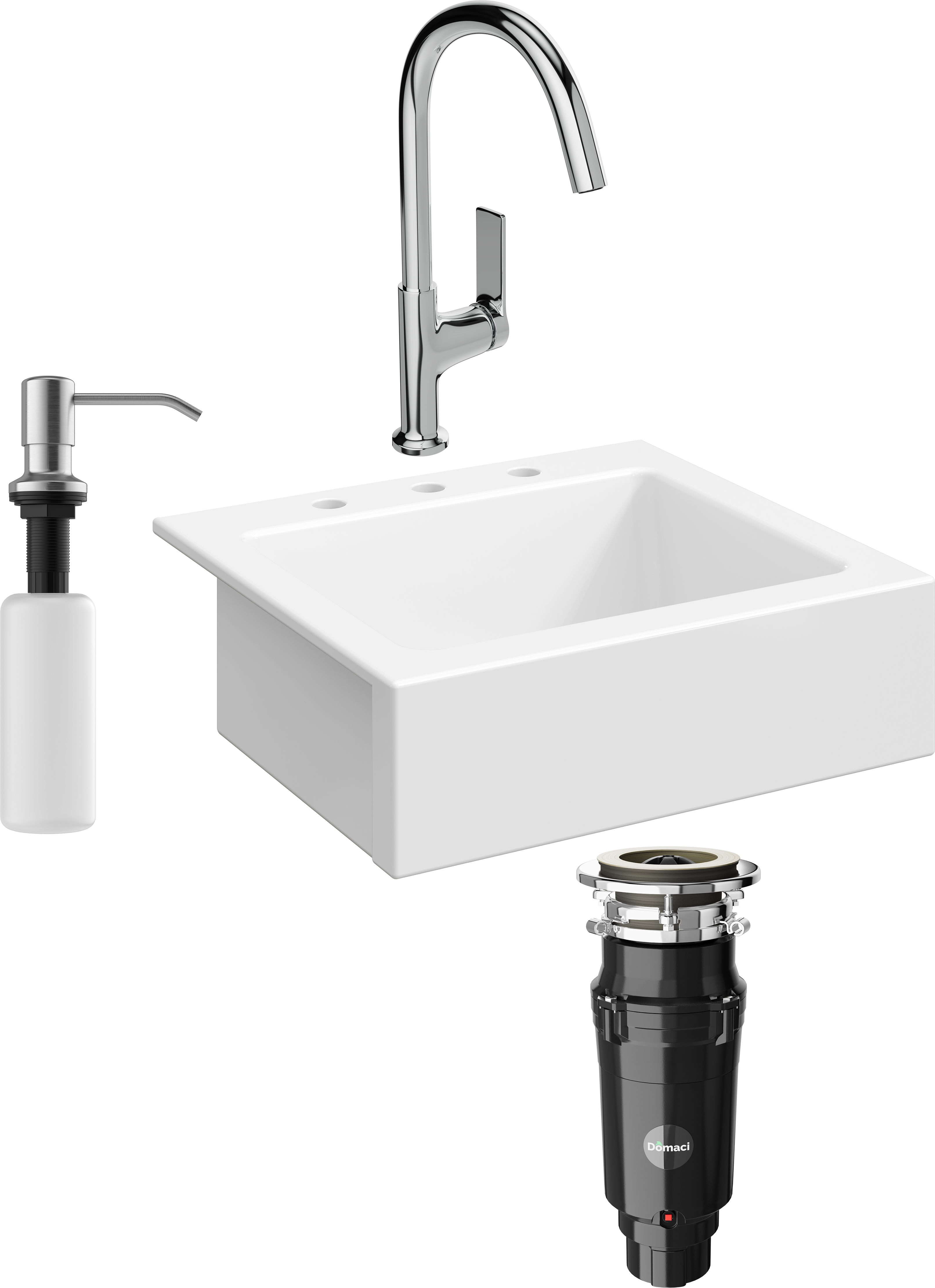 Комплект Мойка кухонная Domaci Сиена 50166-101 с 3 отверстиями, белый глянец + Измельчитель Равенна Vento Max 750 + Смеситель STWORKI HDA4228XH2 + Дозатор 401 сатин