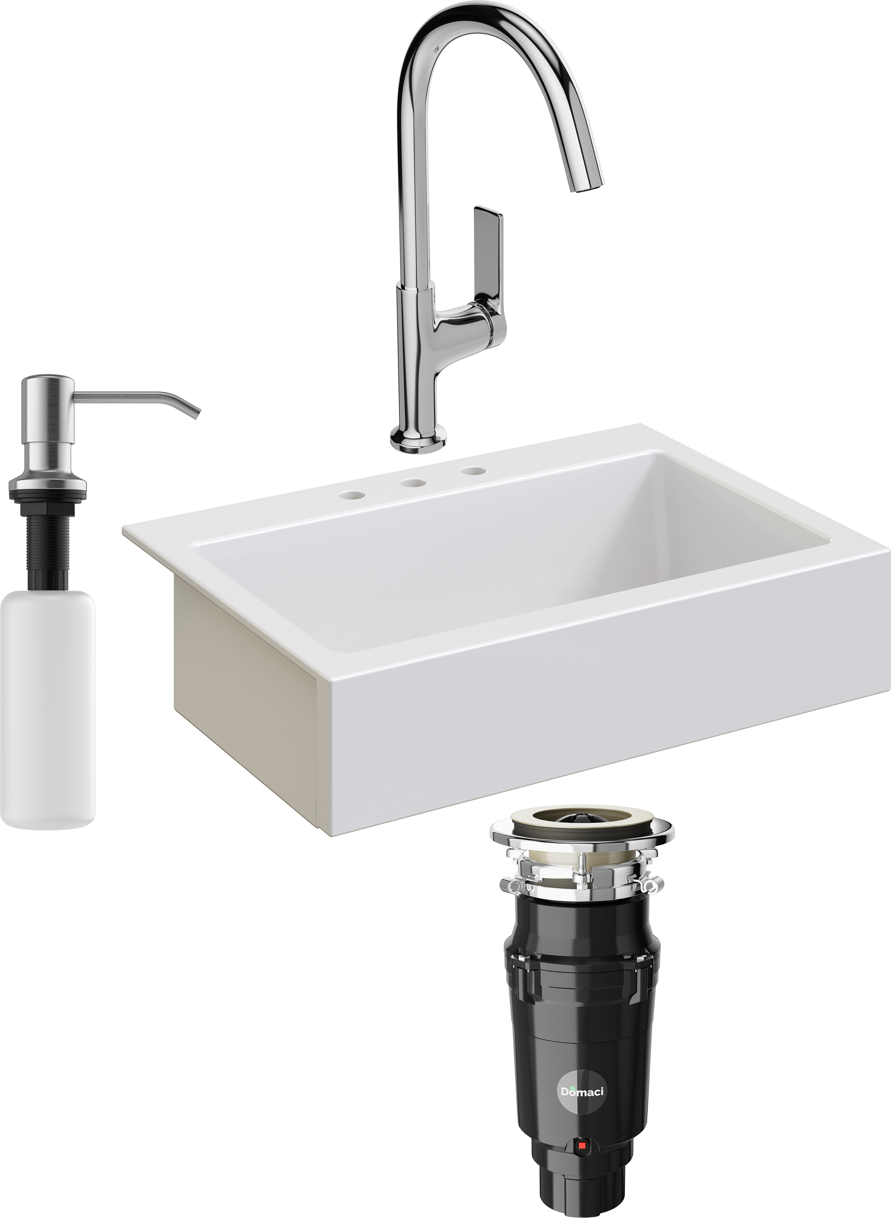 Комплект Мойка кухонная Domaci Сиена 50186-101 с 3 отверстиями, белый глянец + Измельчитель Равенна Vento Plus 560 + Смеситель STWORKI HDA4228XH2 + Дозатор 401 сатин