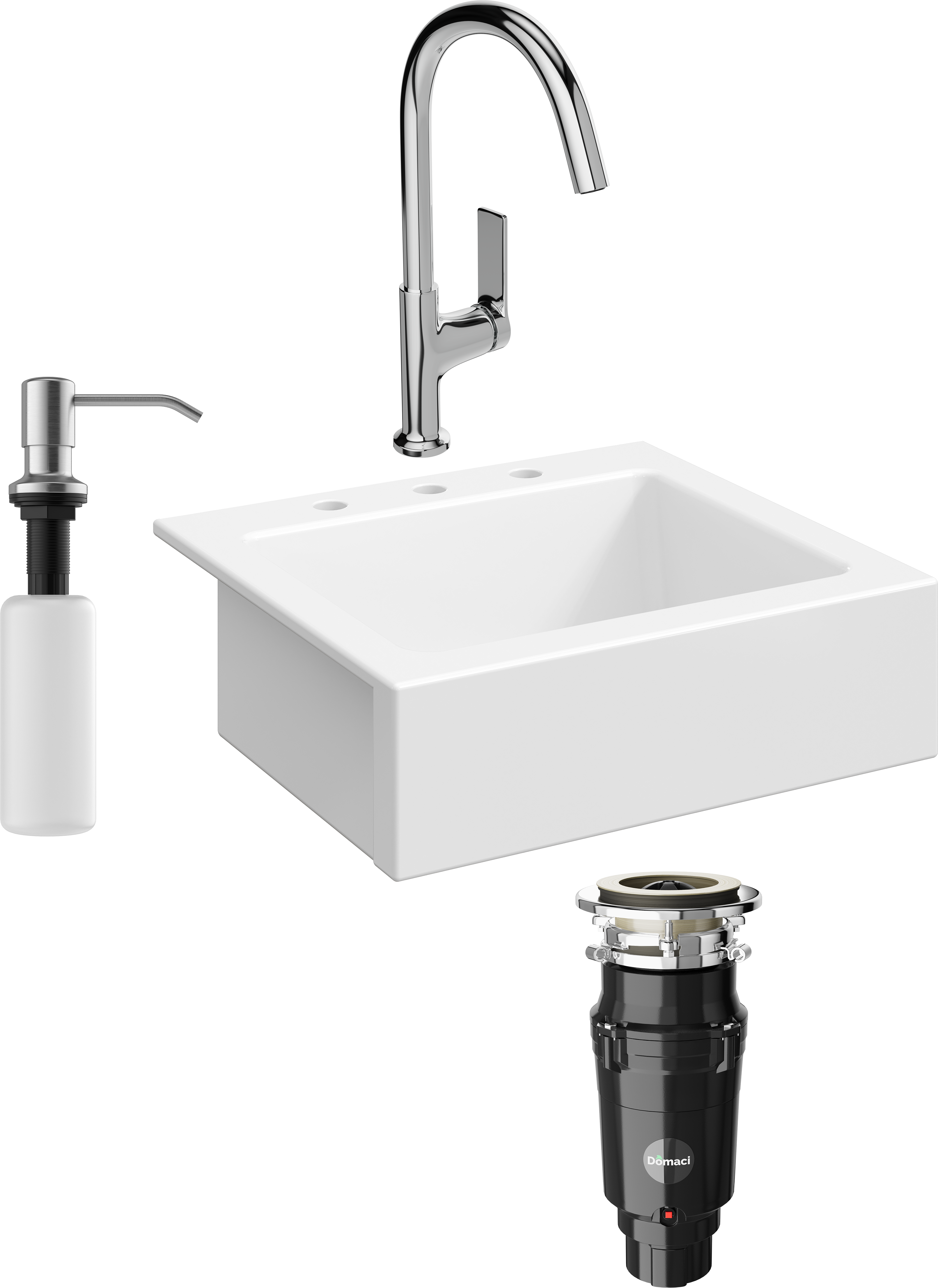 Комплект Мойка кухонная Domaci Сиена 50166-101 с 3 отверстиями, белый глянец + Измельчитель Равенна Vento Plus 560 + Смеситель STWORKI HDA4228XH2 + Дозатор 401 сатин