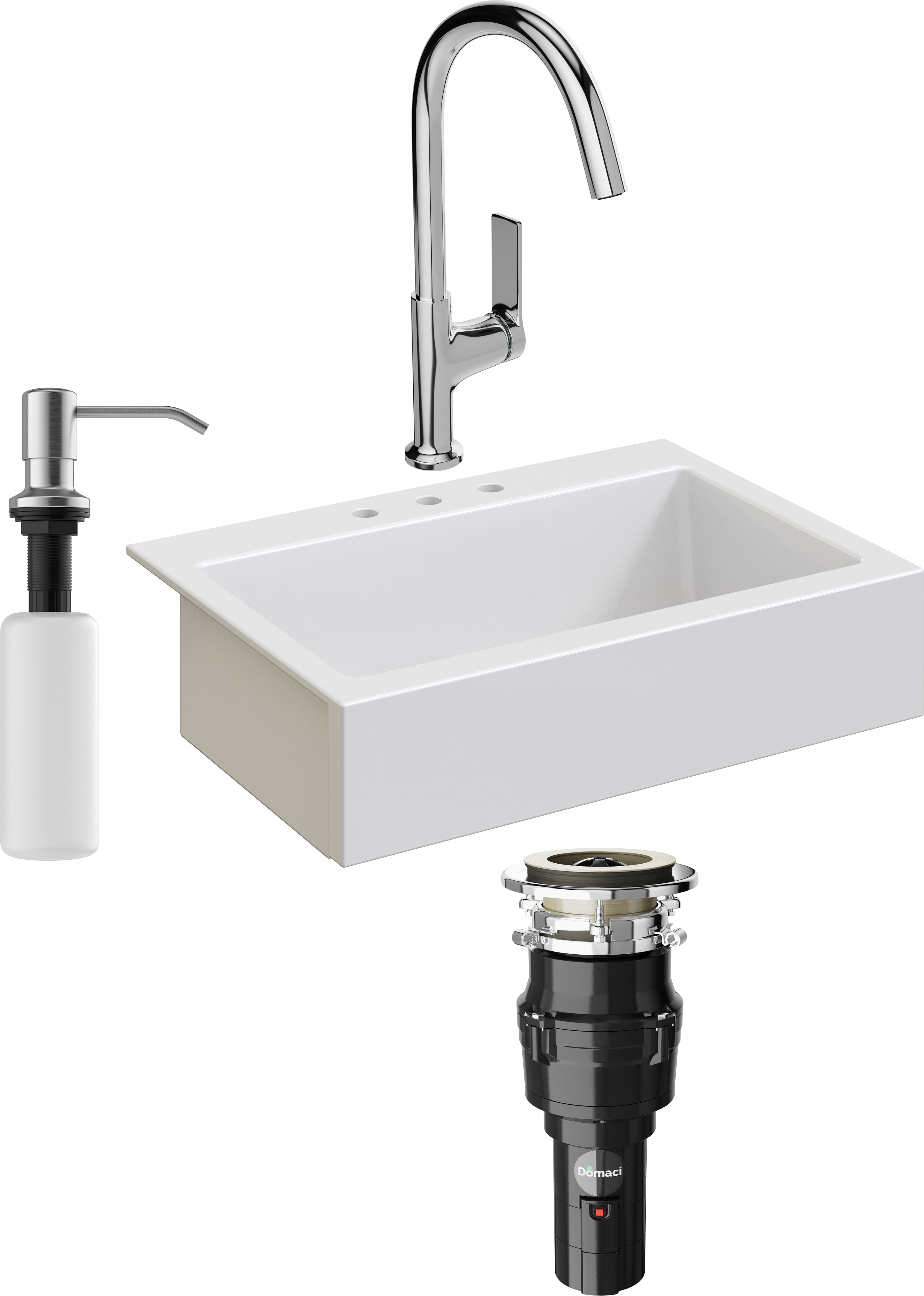 Комплект Мойка кухонная Domaci Сиена 50186-101 с 3 отверстиями, белый глянец + Измельчитель Равенна Vento 375 + Смеситель STWORKI HDA4228XH2 + Дозатор 401 сатин