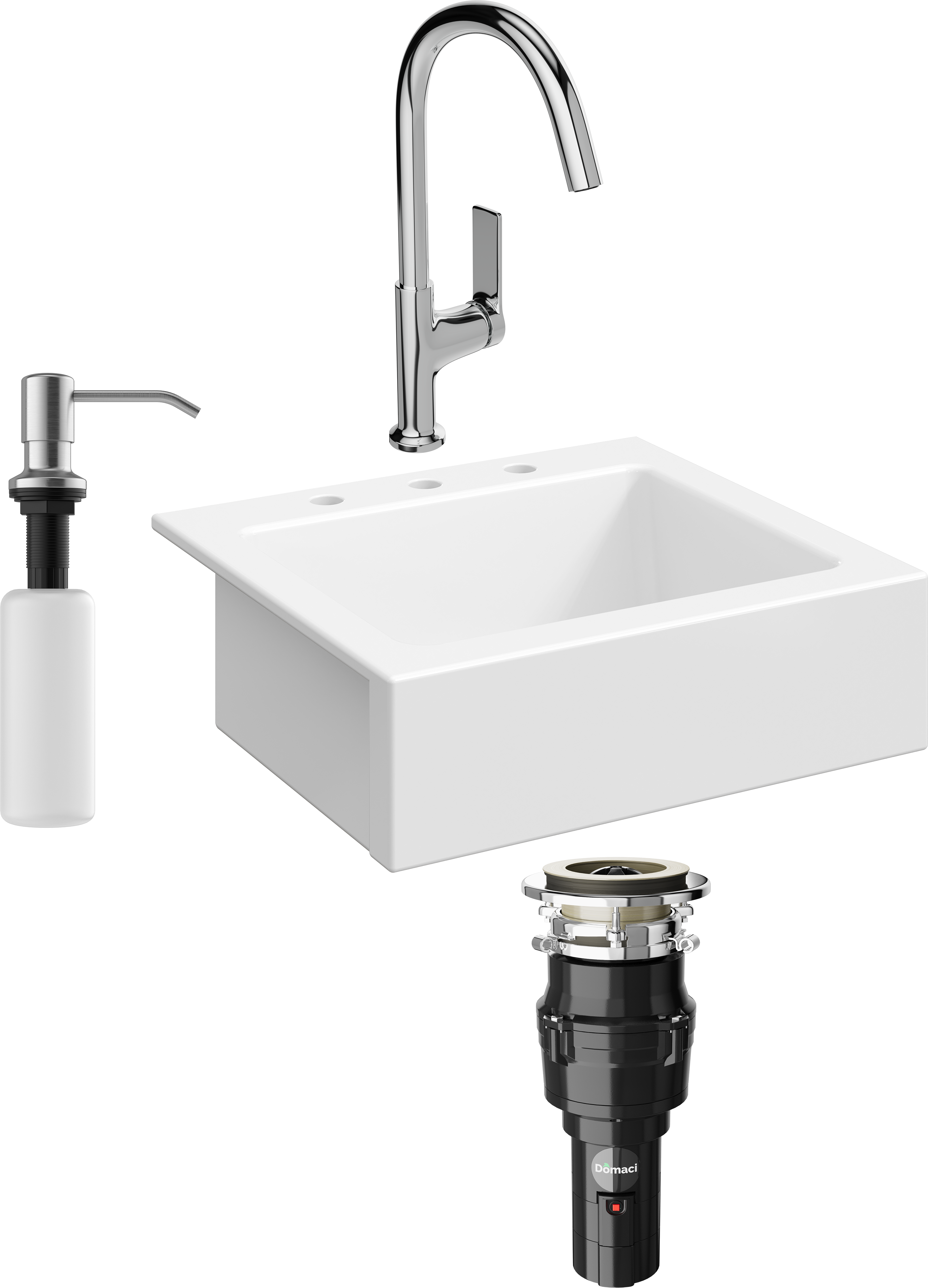 Комплект Мойка Domaci Сиена 50166-101 с 3 отверстиями, белый глянец + Измельчитель Равенна Vento 375 + Смеситель STWORKI HDA4228XH2 + Дозатор 401 сатин