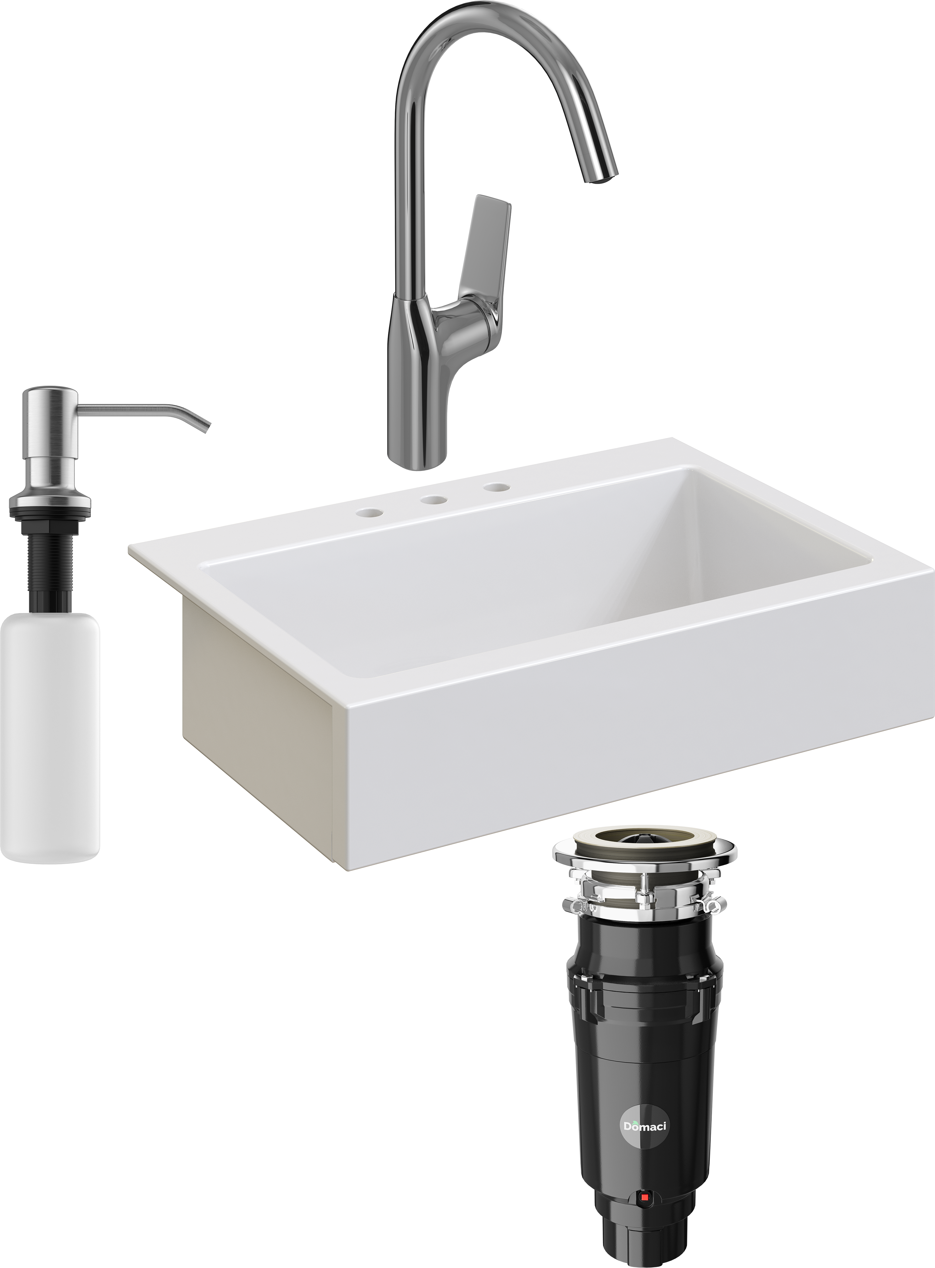 Комплект Мойка кухонная Domaci Сиена 50186-101 с 3 отверстиями, белый глянец + Измельчитель Равенна Vento Max 750 + Смеситель STWORKI HDA5708XH2 + Дозатор 401 сатин