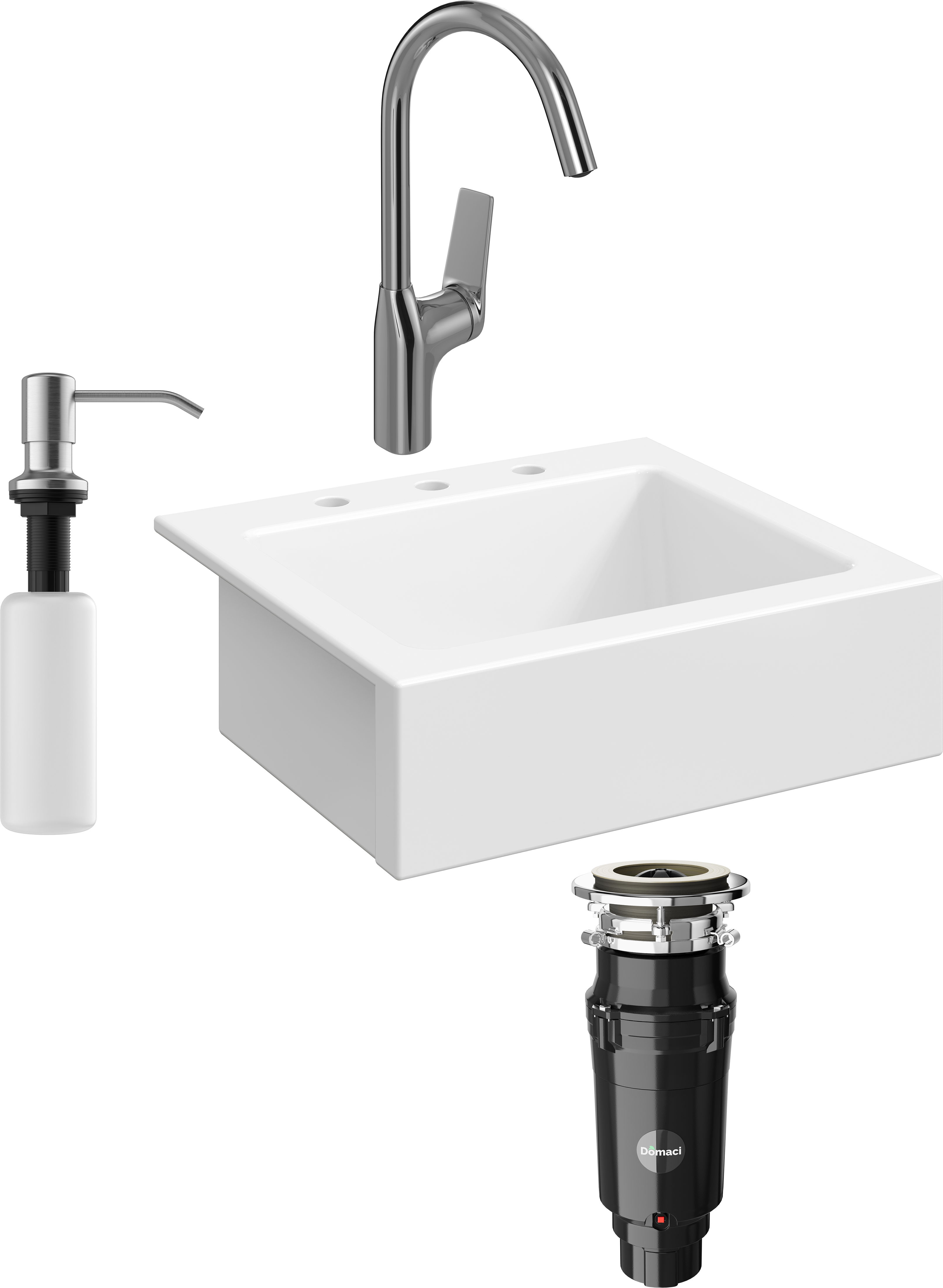 Комплект Мойка кухонная Domaci Сиена 50166-101 с 3 отверстиями, белый глянец + Измельчитель Равенна Vento Max 750 + Смеситель STWORKI HDA5708XH2 + Дозатор 401 сатин