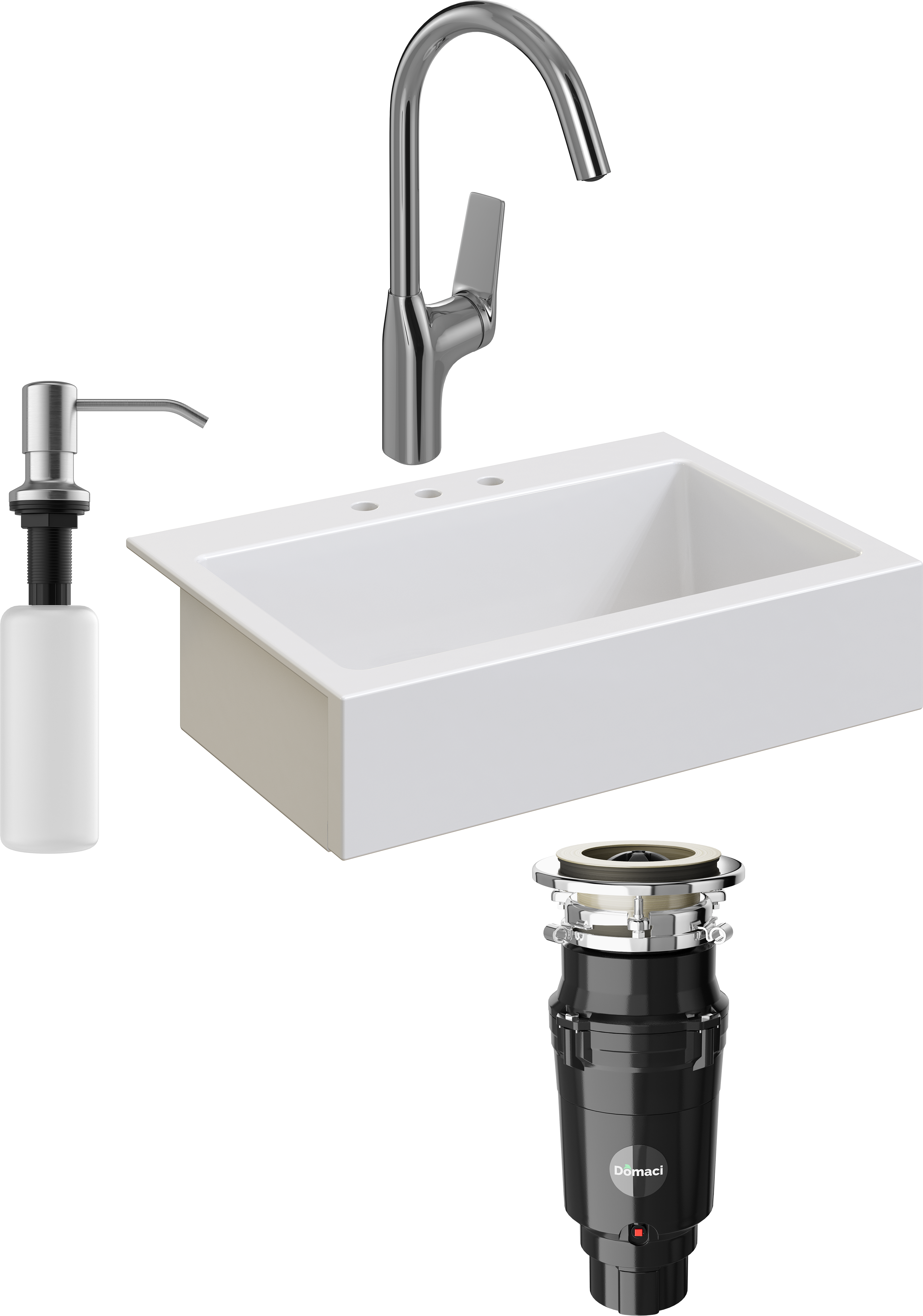Комплект Мойка кухонная Domaci Сиена 50186-101 с 3 отверстиями, белый глянец + Измельчитель Равенна Vento Plus 560 + Смеситель STWORKI HDA5708XH2 + Дозатор 401 сатин