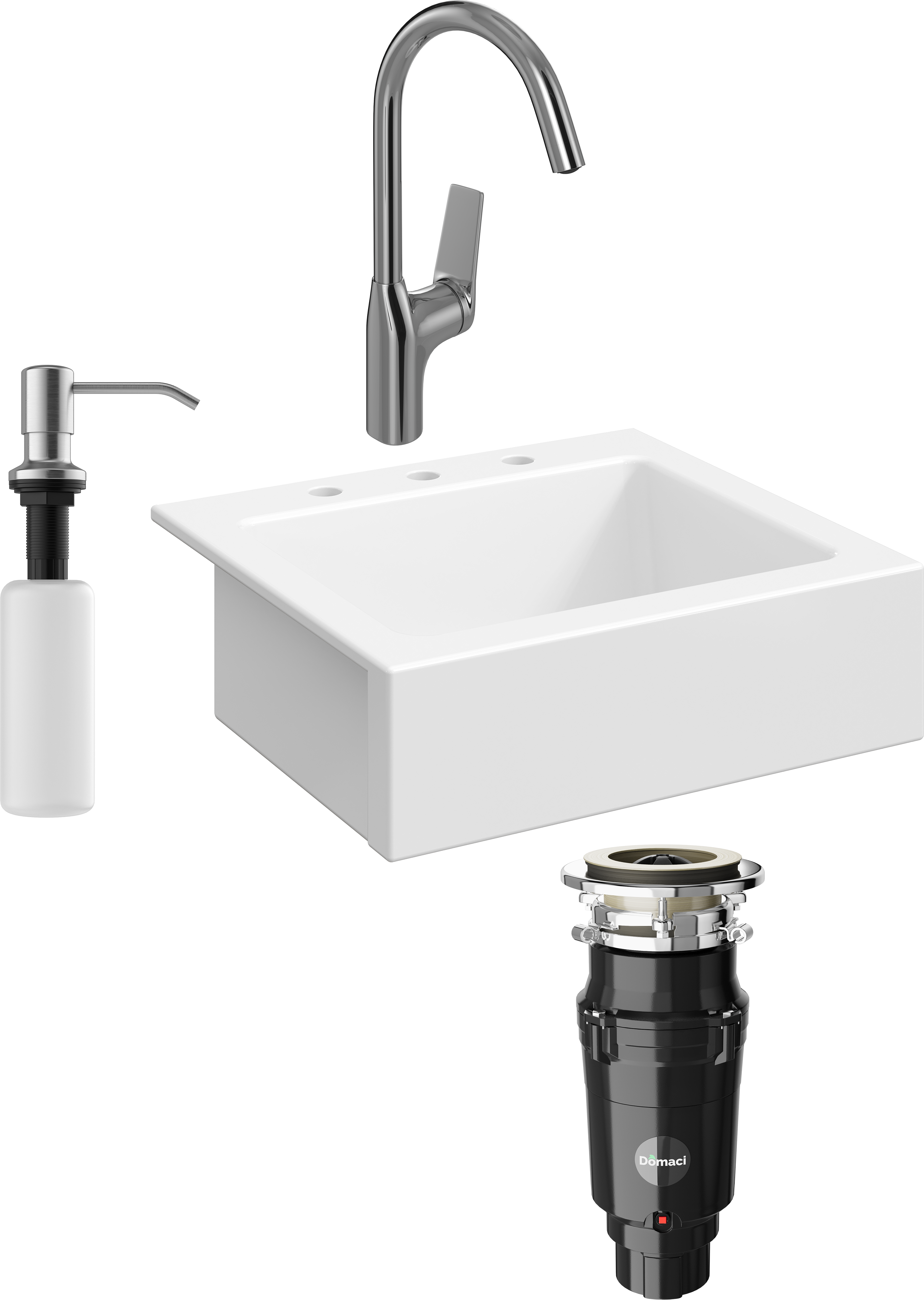 Комплект Мойка кухонная Domaci Сиена 50166-101 с 3 отверстиями, белый глянец + Измельчитель Равенна Vento Plus 560 + Смеситель STWORKI HDA5708XH2 + Дозатор 401 сатин