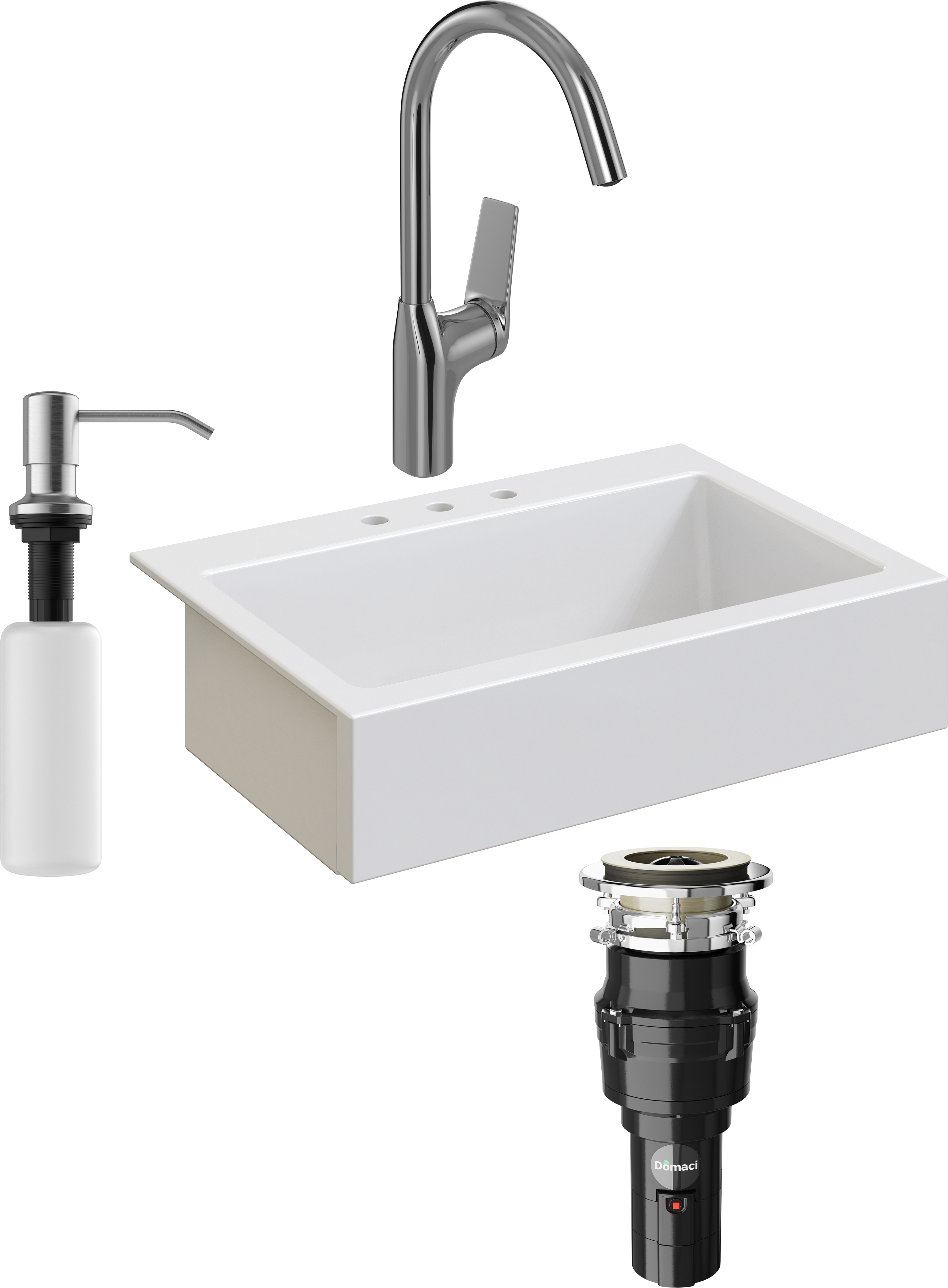 Комплект Мойка кухонная Domaci Сиена 50186-101 с 3 отверстиями, белый глянец + Измельчитель Равенна Vento 375 + Смеситель STWORKI HDA5708XH2 + Дозатор 401 сатин
