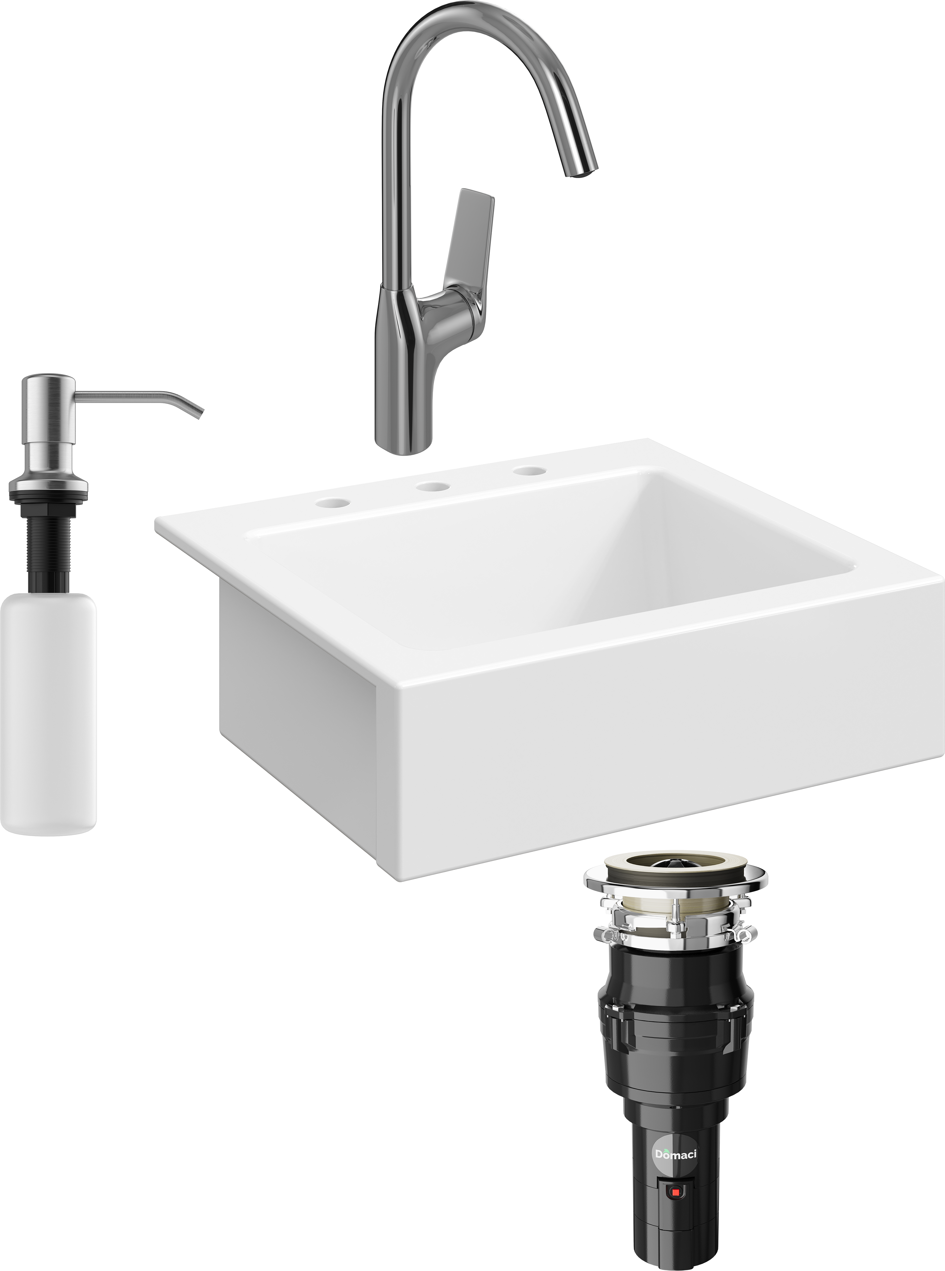 Комплект Мойка кухонная Domaci Сиена 50166-101 с 3 отверстиями, белый глянец + Измельчитель Равенна Vento 375 + Смеситель STWORKI HDA5708XH2 + Дозатор 401 сатин