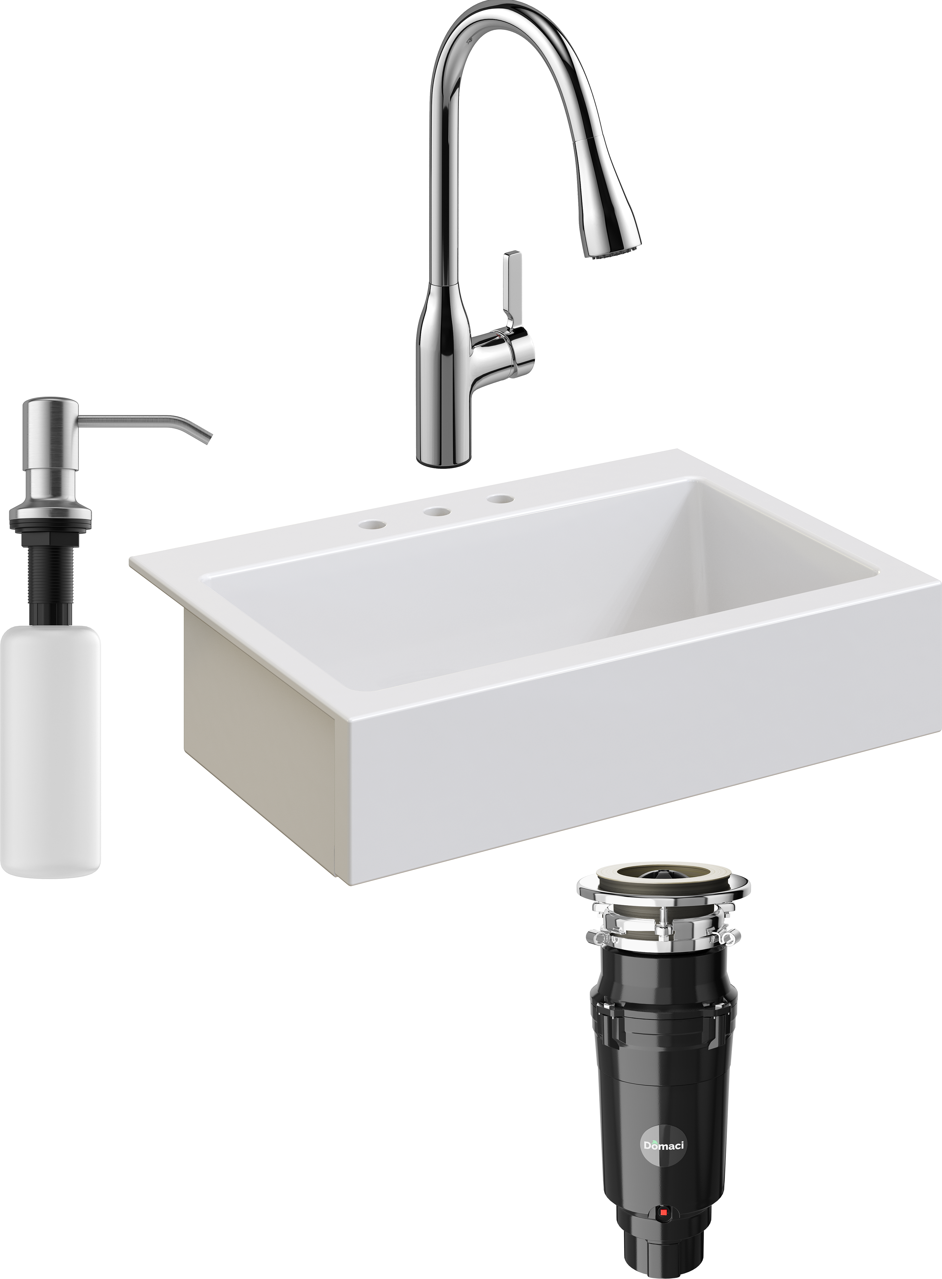 Комплект Мойка кухонная Domaci Сиена 50186-101 с 3 отверстиями, белый глянец + Измельчитель Равенна Vento Max 750 + Смеситель STWORKI 33138-123/1BG-IG11 + Дозатор 401 сатин