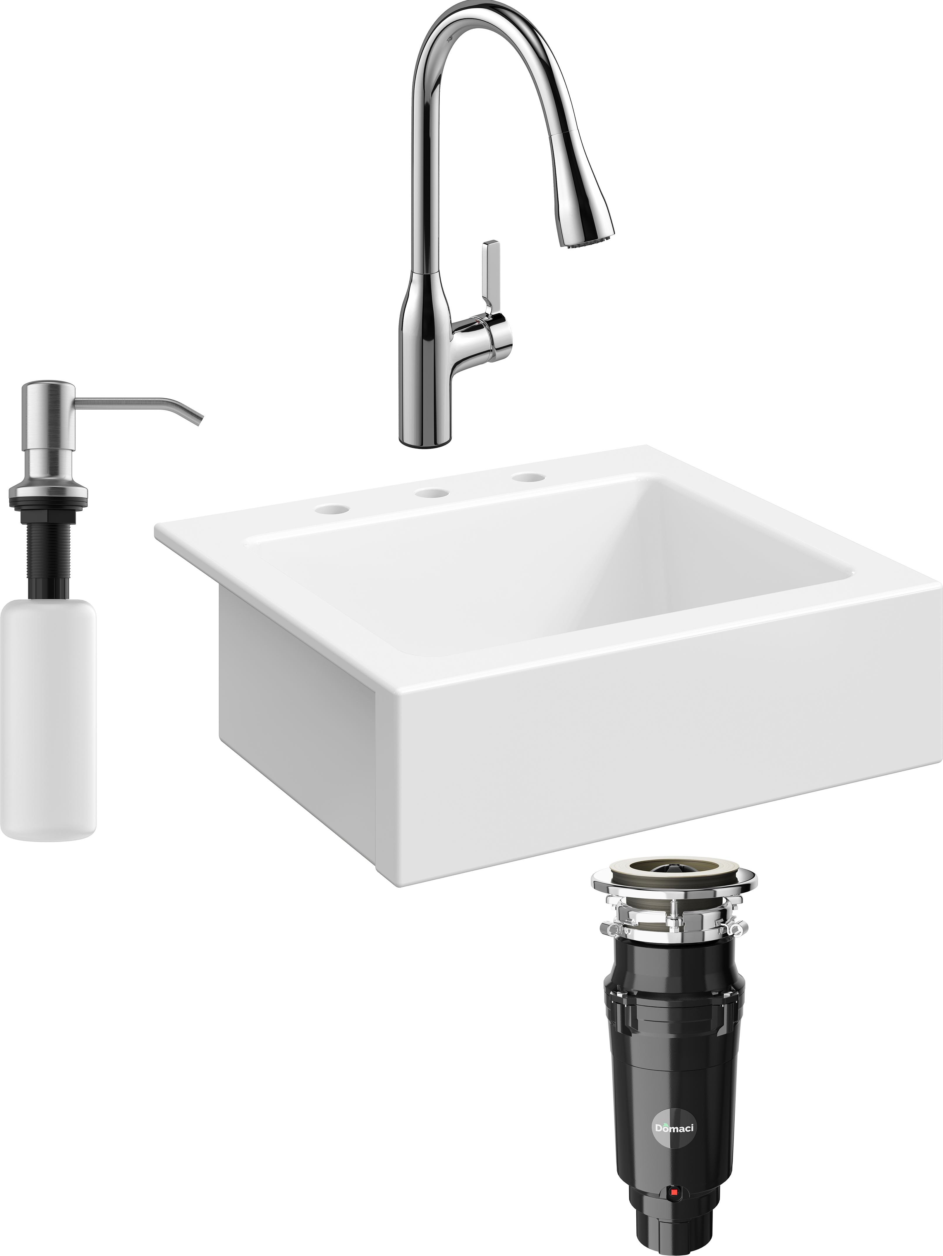 Комплект Мойка кухонная Domaci Сиена 50186-101 с 3 отверстиями, белый глянец + Измельчитель Равенна Vento Max 750 + Смеситель STWORKI 33138-123/1BG-IG11 + Дозатор 401 сатин