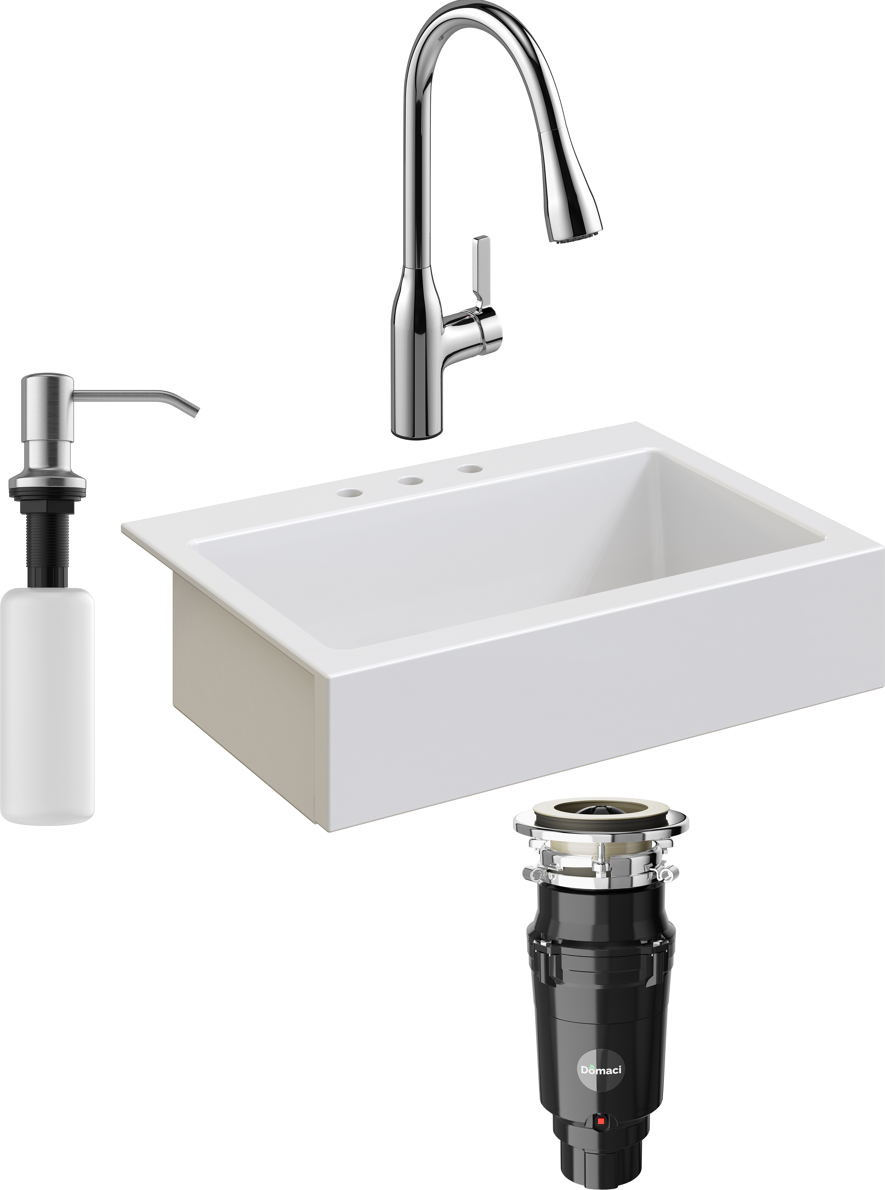 Комплект Мойка кухонная Domaci Сиена 50186-101 с 3 отверстиями, белый глянец + Измельчитель Равенна Vento Plus 560 + Смеситель STWORKI 33138-123/1BG-IG11 + Дозатор 401 сатин