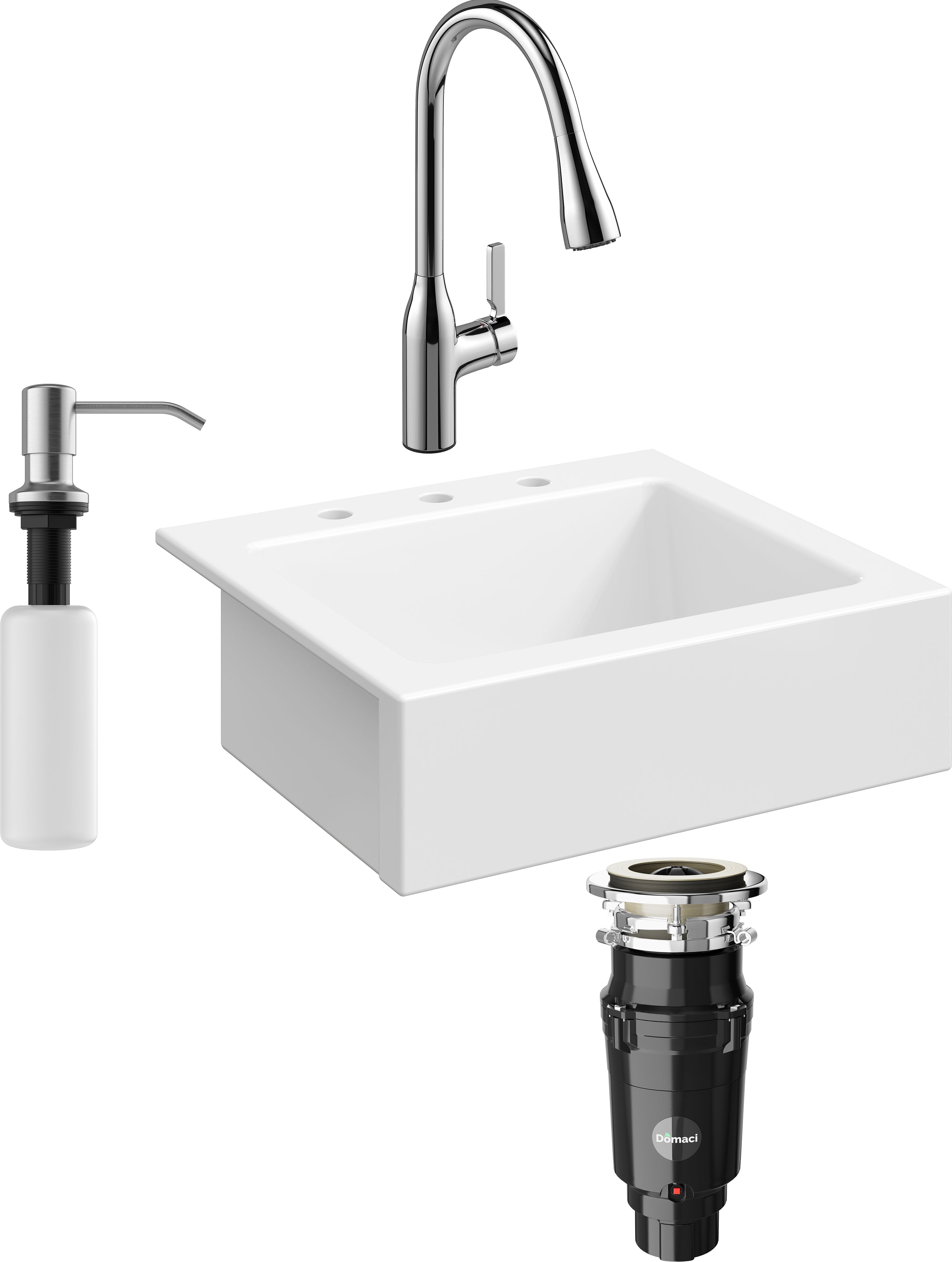 Комплект Мойка кухонная Domaci Сиена 50166-101 с 3 отверстиями, белый глянец + Измельчитель Равенна Vento Plus 560 + Смеситель STWORKI 33138-123/1BG-IG11 + Дозатор 401 сатин