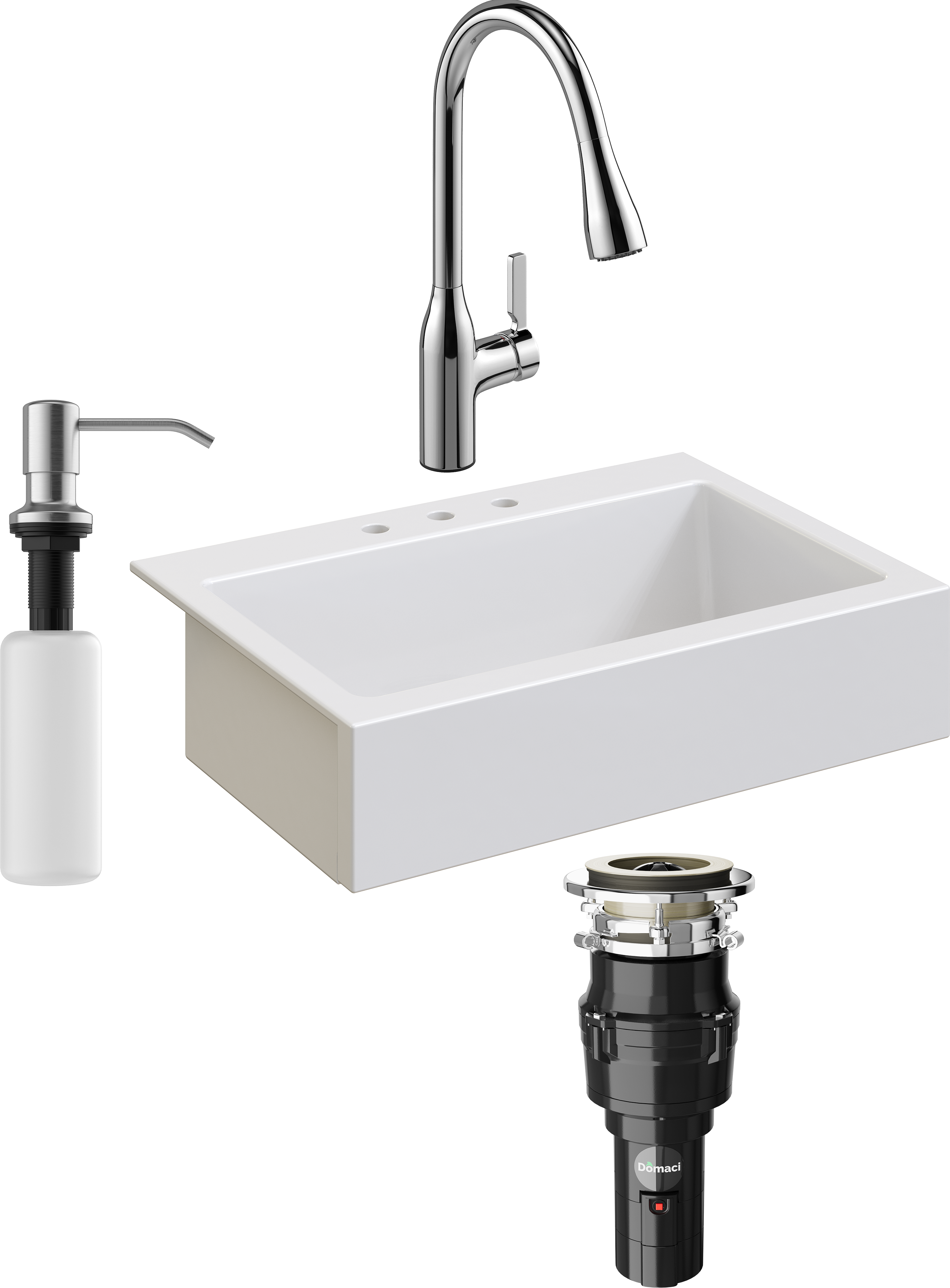 Комплект Мойка кухонная Domaci Сиена 50186-101 с 3 отверстиями, белый глянец + Измельчитель Равенна Vento 375 + Смеситель STWORKI 33138-123/1BG-IG11 + Дозатор 401 сатин
