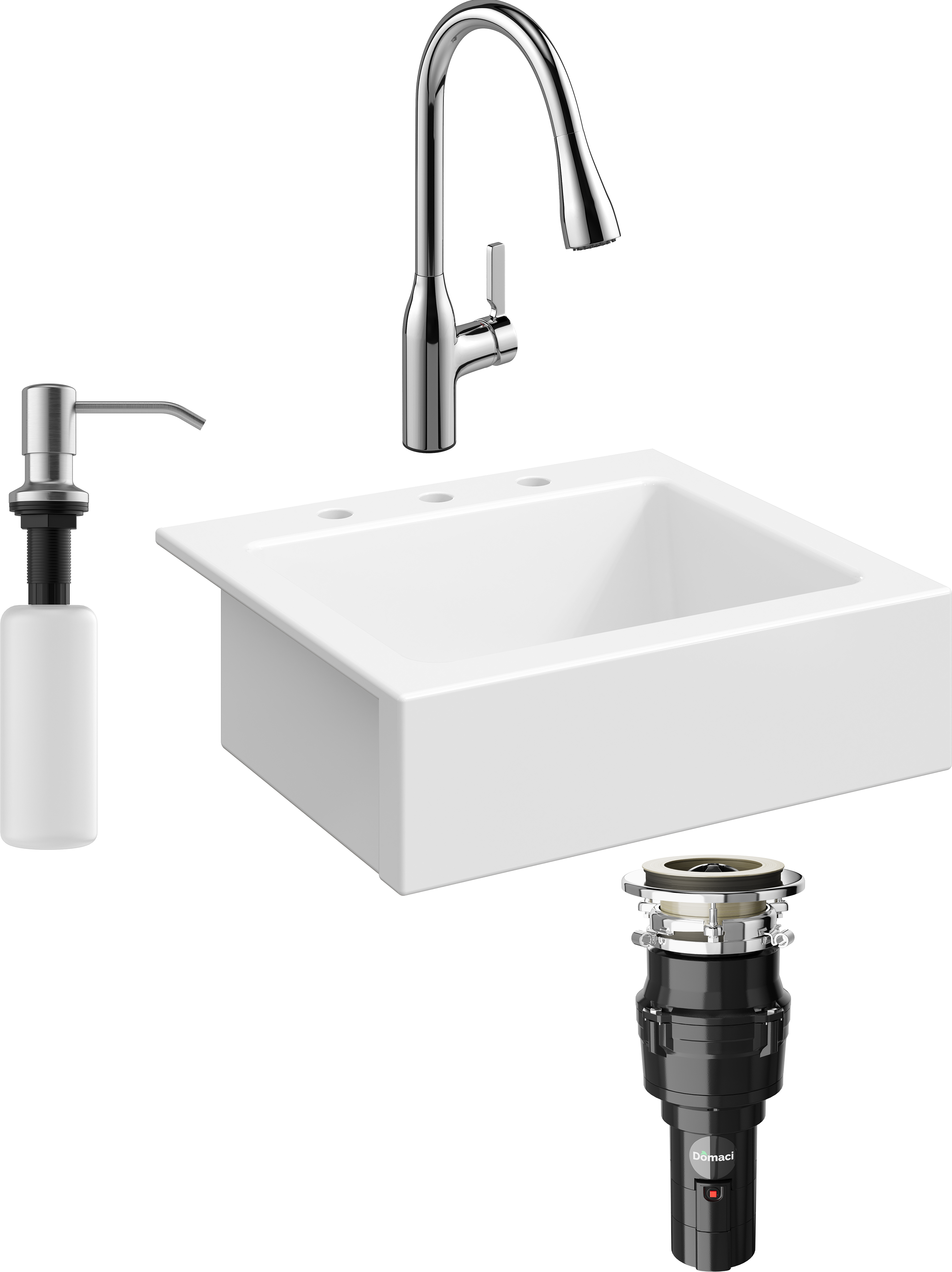 Комплект Мойка кухонная Domaci Сиена 50166-101 с 3 отверстиями, белый глянец + Измельчитель Равенна Vento 375 + Смеситель STWORKI 33138-123/1BG-IG11 + Дозатор 401 сатин