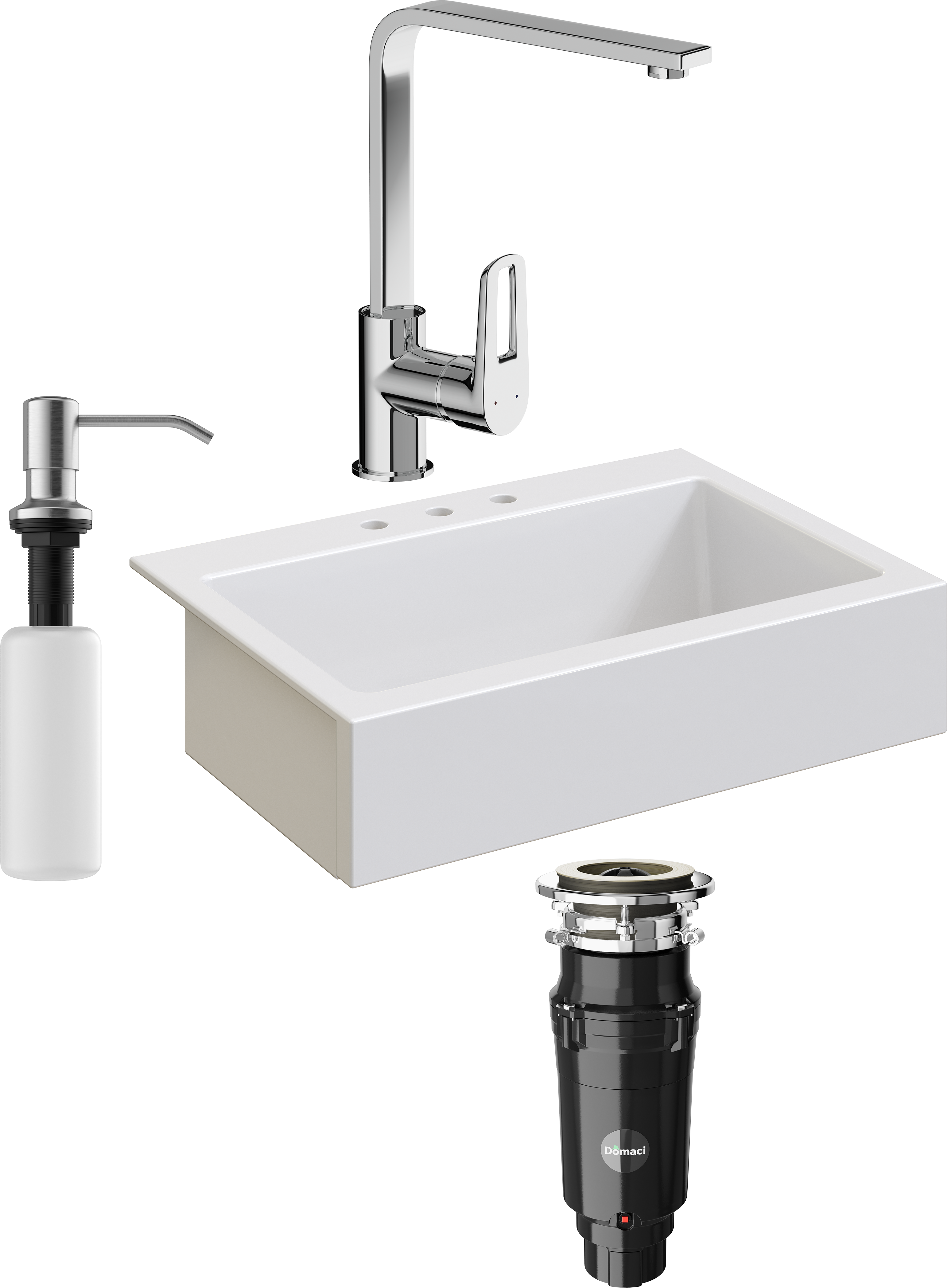 Комплект Мойка кухонная Domaci Сиена 50186-101 с 3 отверстиями, белый глянец + Измельчитель Равенна Vento Max 750 + Смеситель STWORKI HDA3338XH + Дозатор 401 сатин