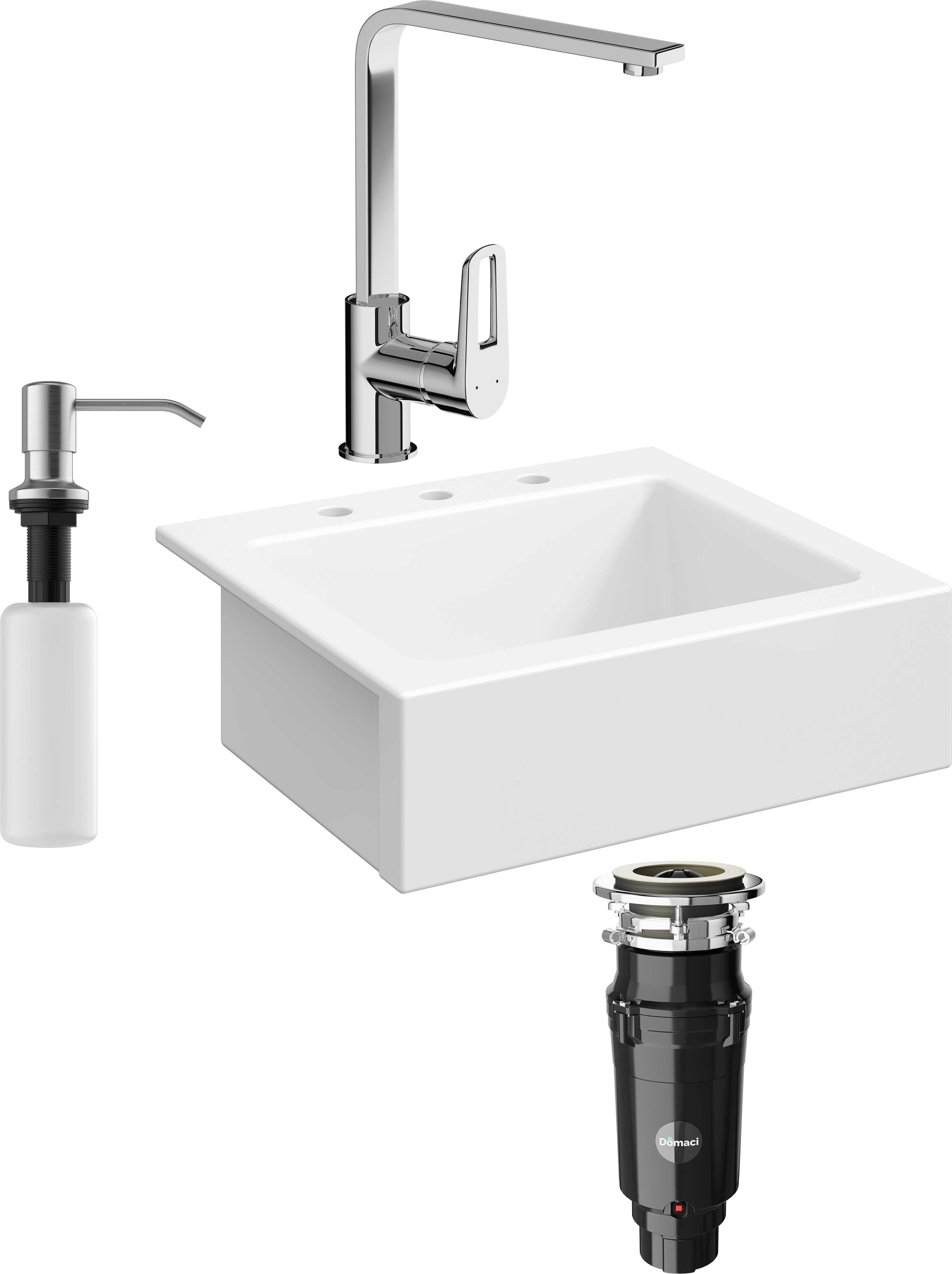 Комплект Мойка кухонная Domaci Сиена 50166-101 с 3 отверстиями, белый глянец + Измельчитель Равенна Vento Max 750 + Смеситель STWORKI HDA3338XH + Дозатор 401 сатин