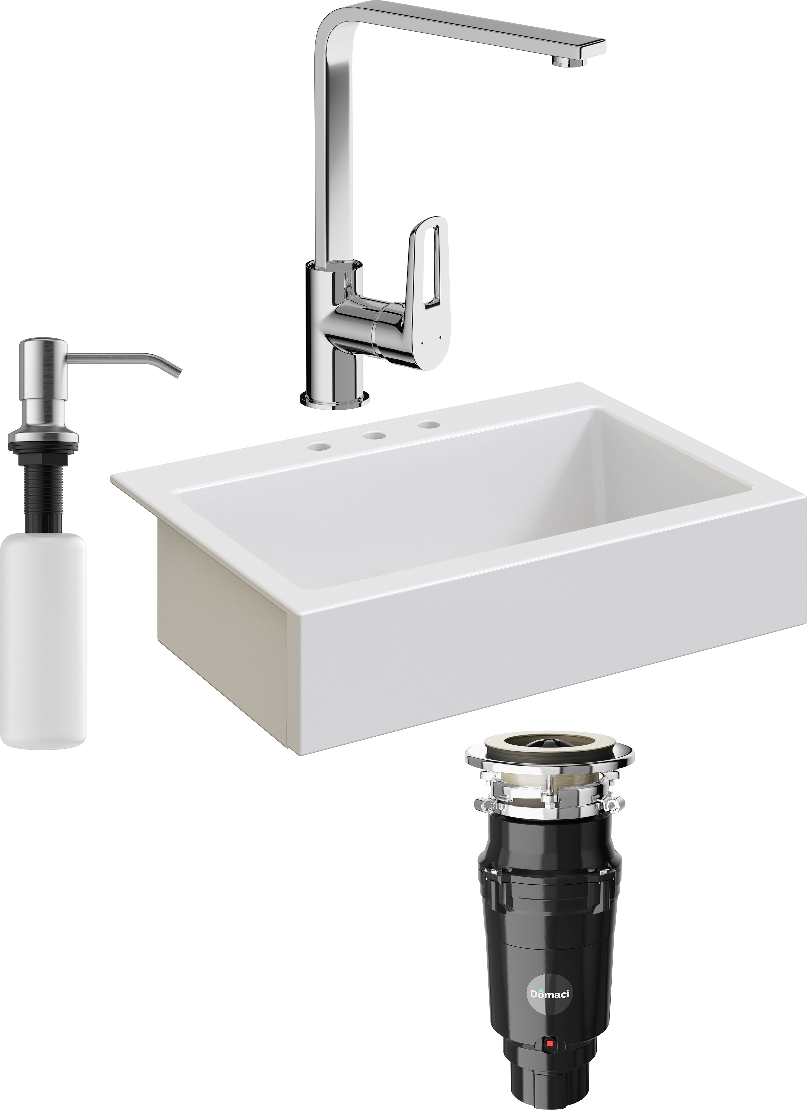 Комплект Мойка кухонная Domaci Сиена 50186-101 с 3 отверстиями, белый глянец + Измельчитель Равенна Vento Plus 560 + Смеситель STWORKI HDA3338XH + Дозатор 401 сатин