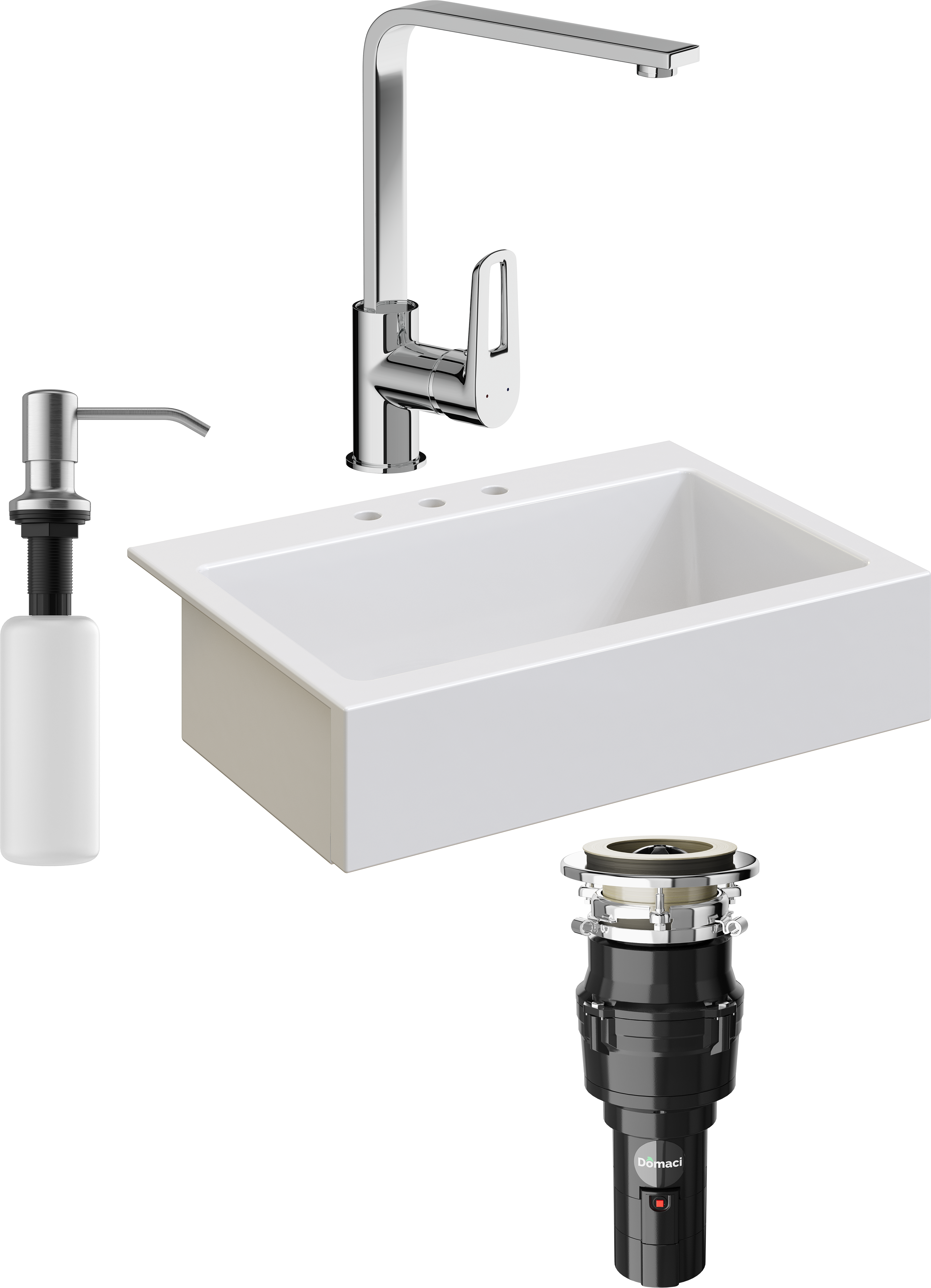 Комплект Мойка кухонная Domaci Сиена 50186-101 с 3 отверстиями, белый глянец + Измельчитель Равенна Vento 375 + Смеситель STWORKI HDA3338XH + Дозатор 401 сатин