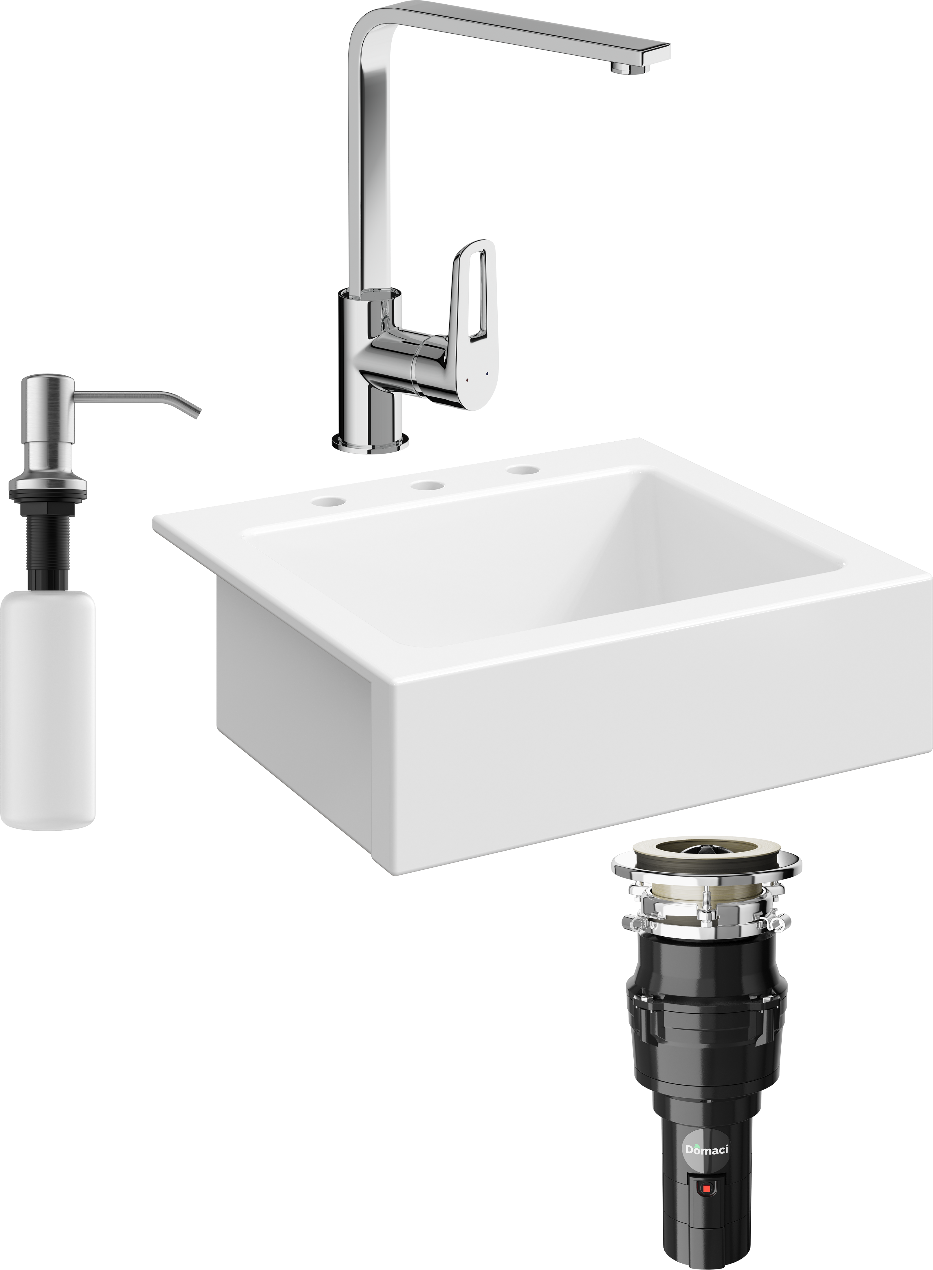 Комплект Мойка Domaci Сиена 50166-101 с 3 отверстиями, белый глянец + Измельчитель Равенна Vento 375 + Смеситель STWORKI HDA3338XH + Дозатор 401 сатин