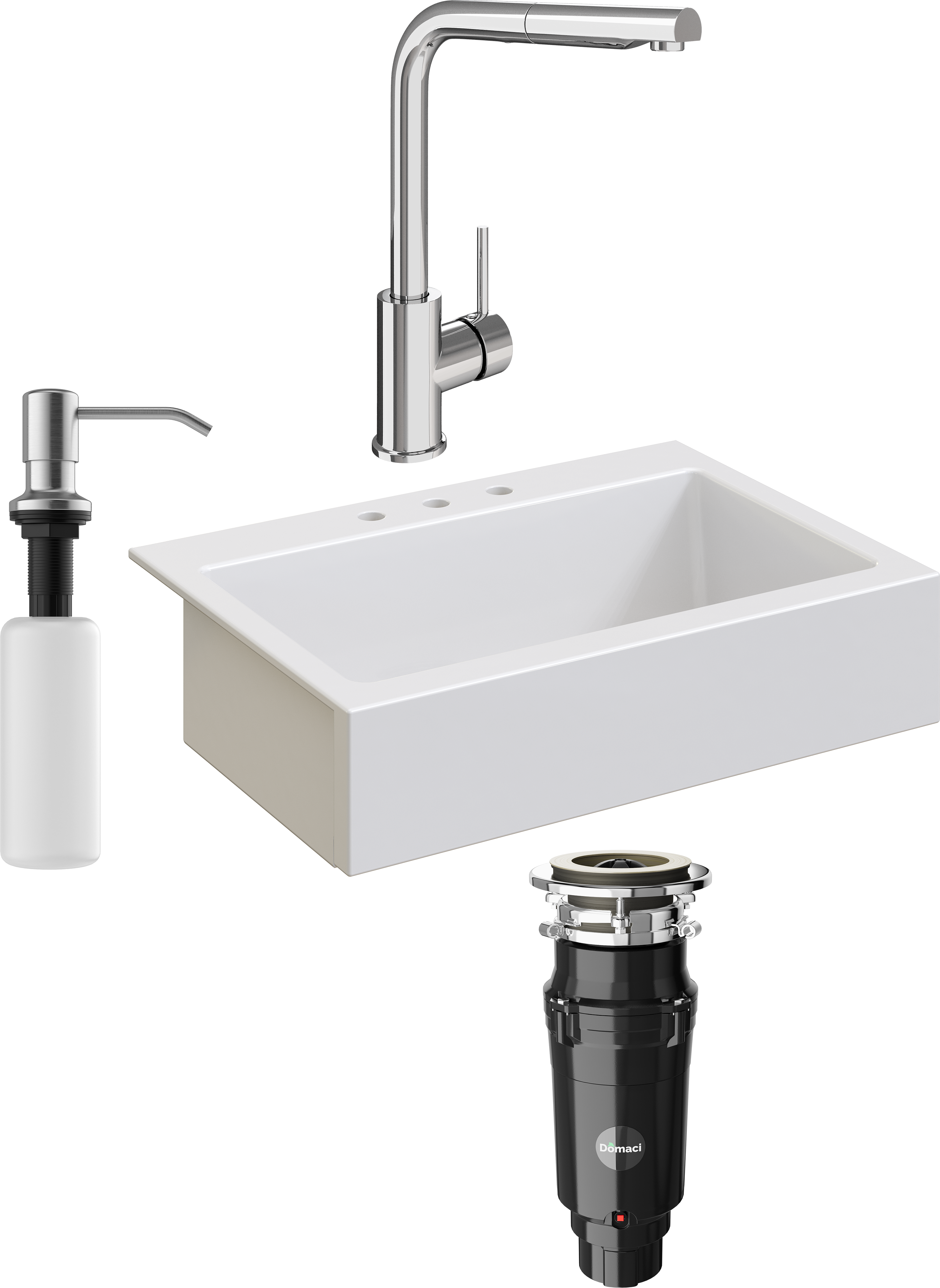 Комплект Мойка кухонная Domaci Сиена 50186-101 с 3 отверстиями, белый глянец + Измельчитель Равенна Vento Max 750 + Смеситель STWORKI HDN1309XH + Дозатор 401 сатин