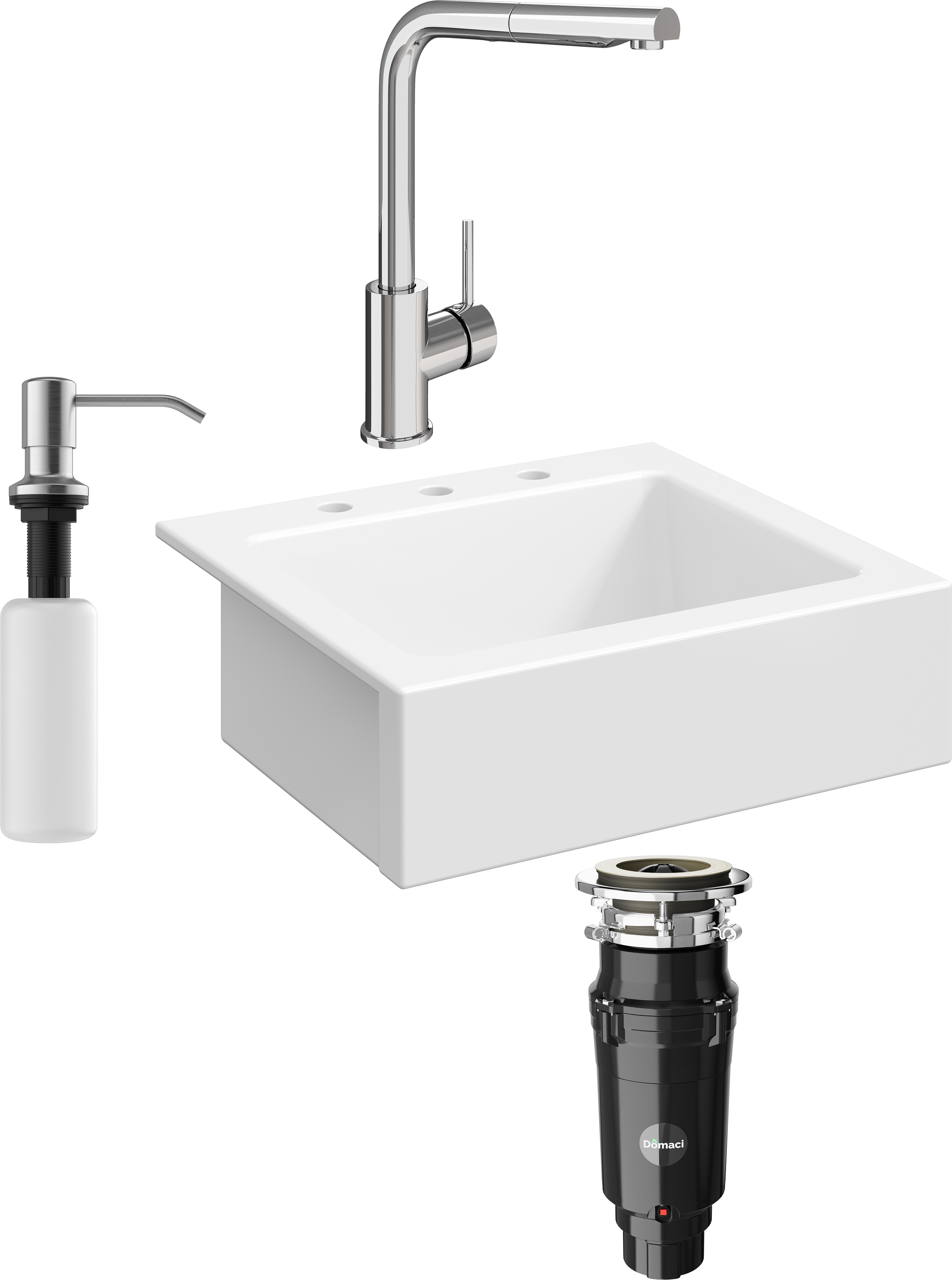Комплект Мойка кухонная Domaci Сиена 50166-101 с 3 отверстиями, белый глянец + Измельчитель Равенна Vento Max 750 + Смеситель STWORKI HDN1309XH + Дозатор 401 сатин