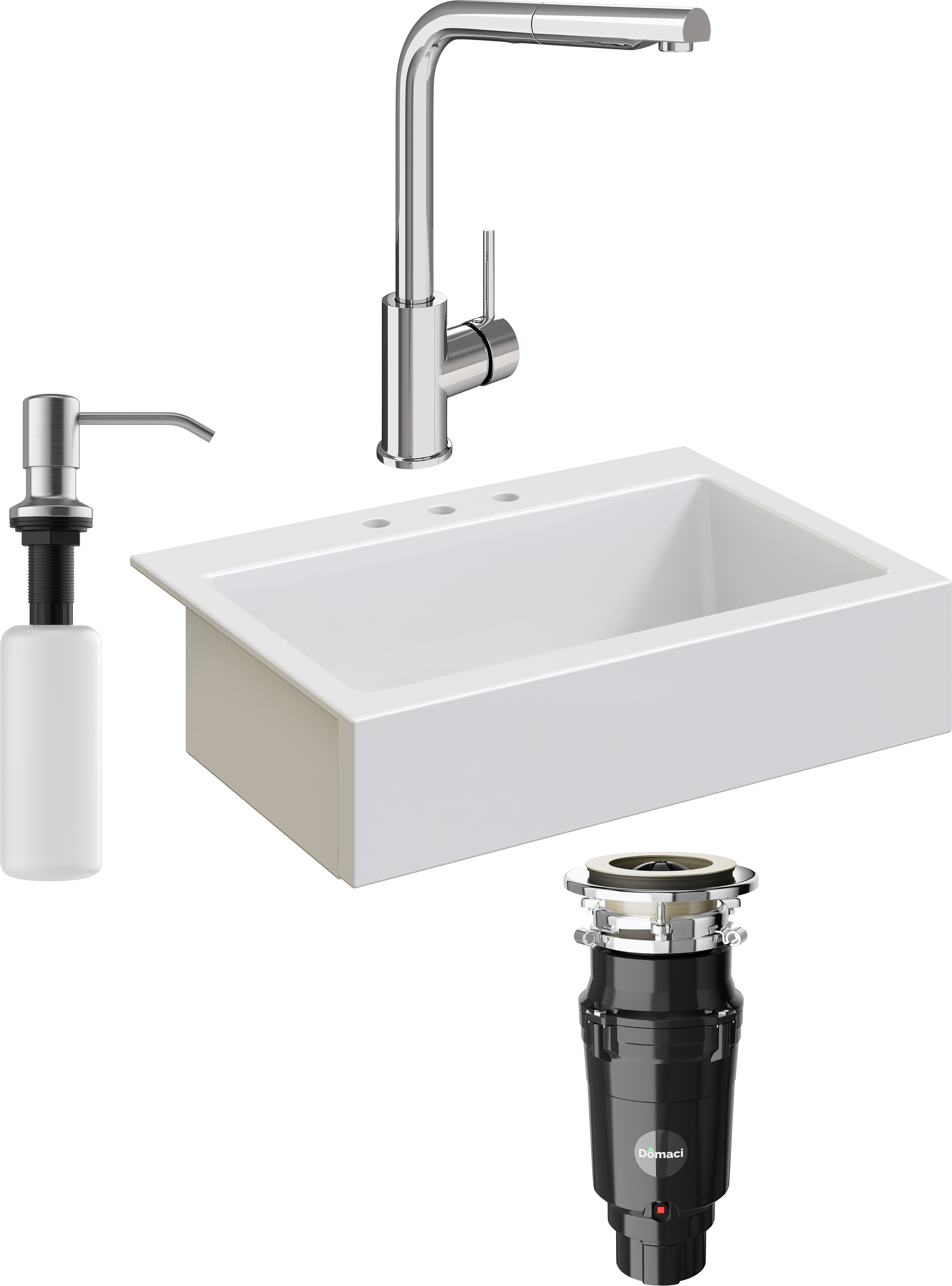Комплект Мойка кухонная Domaci Сиена 50186-101 с 3 отверстиями, белый глянец + Измельчитель Равенна Vento Plus 560 + Смеситель STWORKI HDN1309XH + Дозатор 401 сатин
