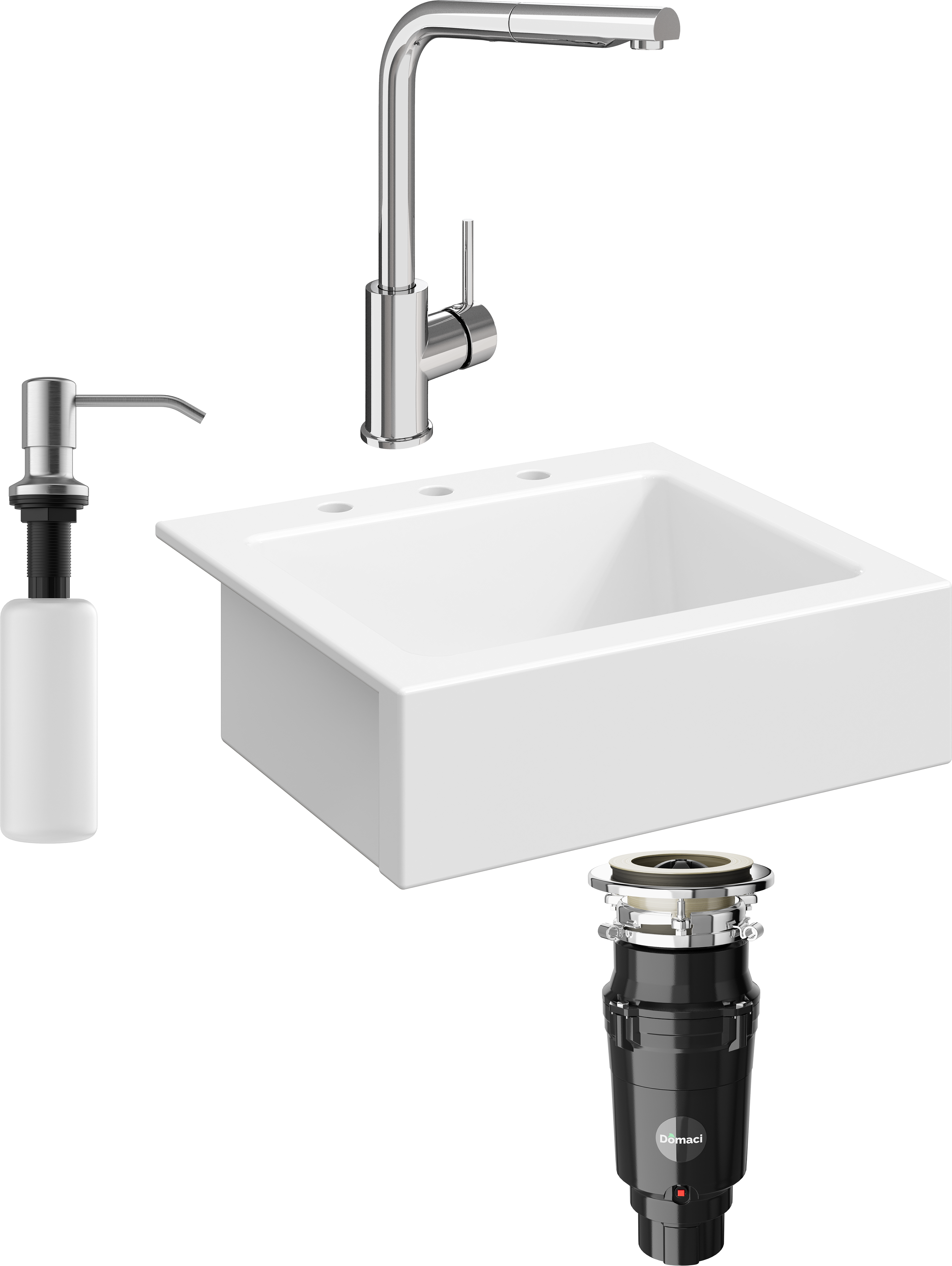Комплект Мойка кухонная Domaci Сиена 50166-101 с 3 отверстиями, белый глянец + Измельчитель Равенна Vento Plus 560 + Смеситель STWORKI HDN1309XH + Дозатор 401 сатин